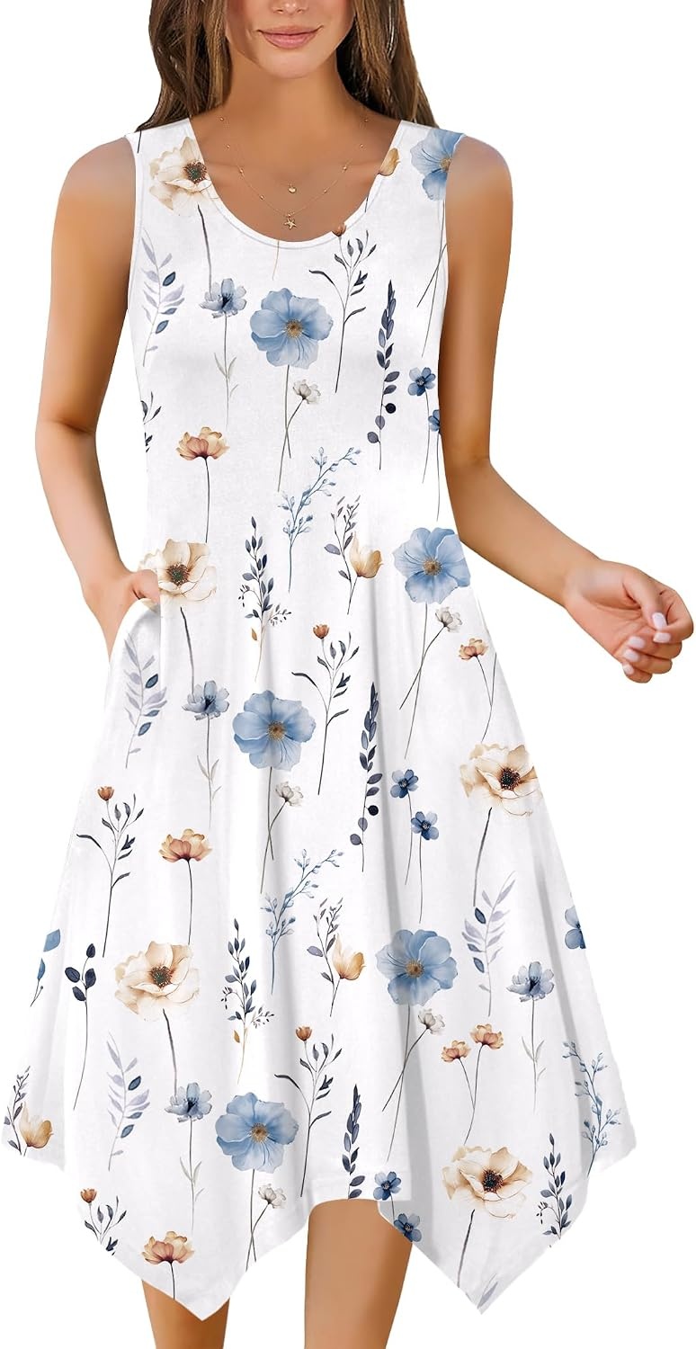 image:imageZeagoo Womens Casual Dress for Summer Tank Dress Loose Flowy Beach Dress with Pockets Hankerchief Flare Midi Sundress 2026White Floral
