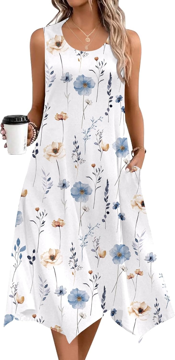 image:imageZeagoo Womens Casual Dress for Summer Tank Dress Loose Flowy Beach Dress with Pockets Hankerchief Flare Midi Sundress 2026White Floral