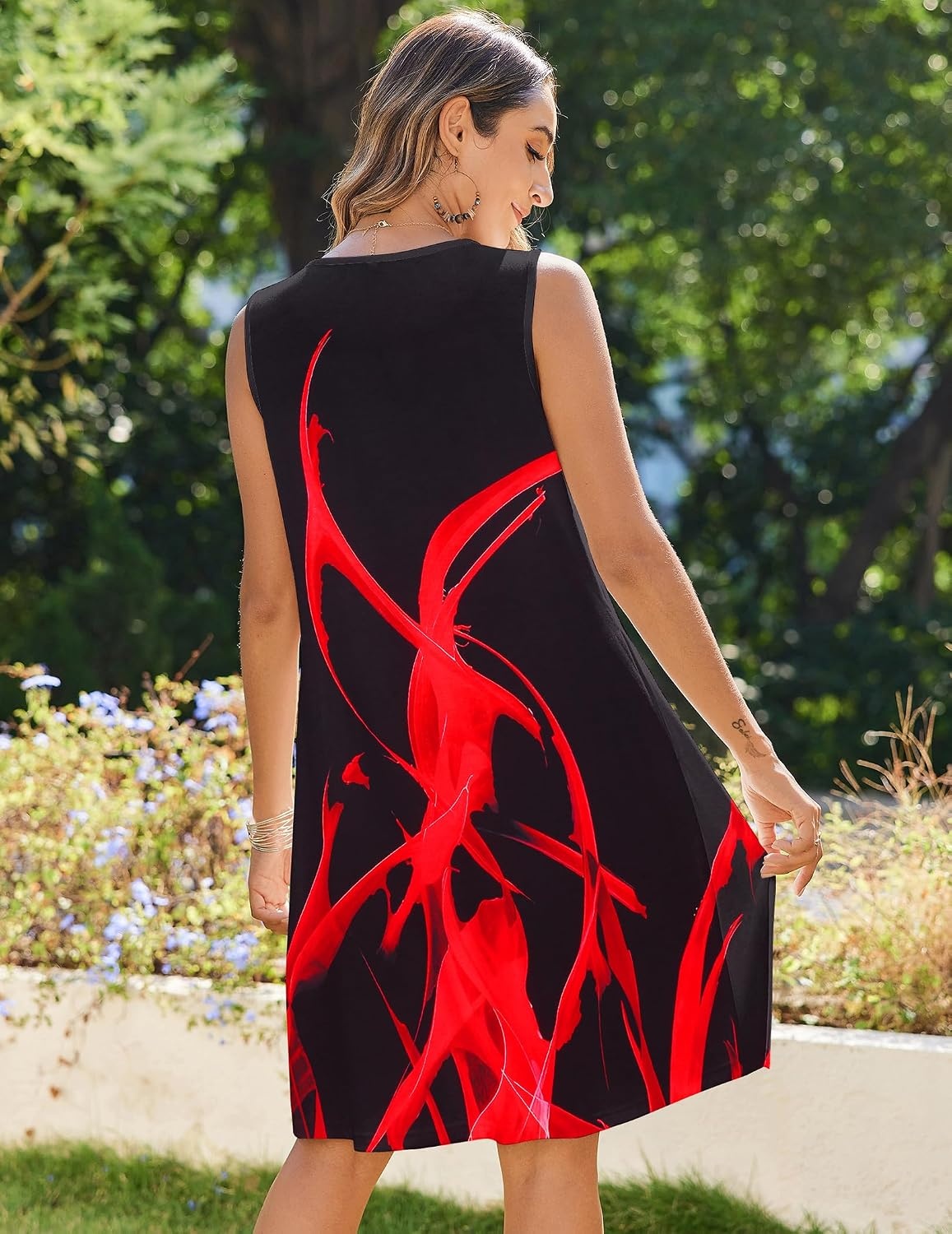 image:imageZeagoo Womens Casual Summer Dresses 2025 Boho Sleeveless Sundresses with Pockets Pleated Beach Floral T Shirt DressesBlack Redprinted