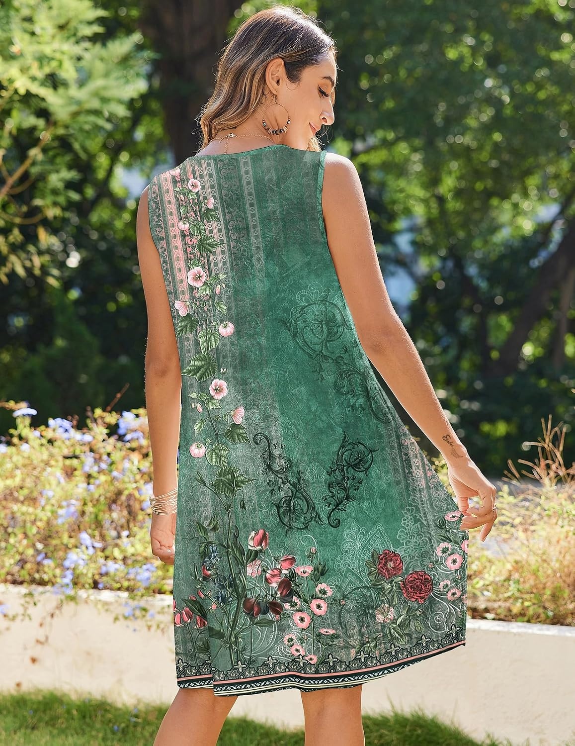 image:imageZeagoo Womens Casual Summer Dresses 2025 Boho Sleeveless Sundresses with Pockets Pleated Beach Floral T Shirt DressesGreenprinted