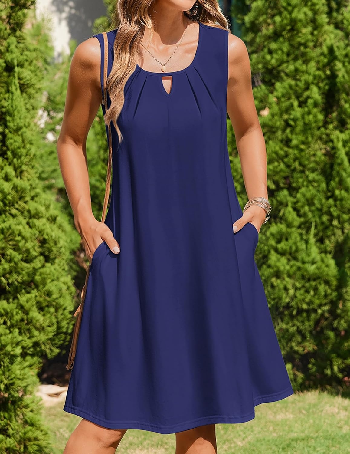 image:imageZeagoo Womens Casual Summer Dresses 2025 Boho Sleeveless Sundresses with Pockets Pleated Beach Floral T Shirt DressesNavy Blue