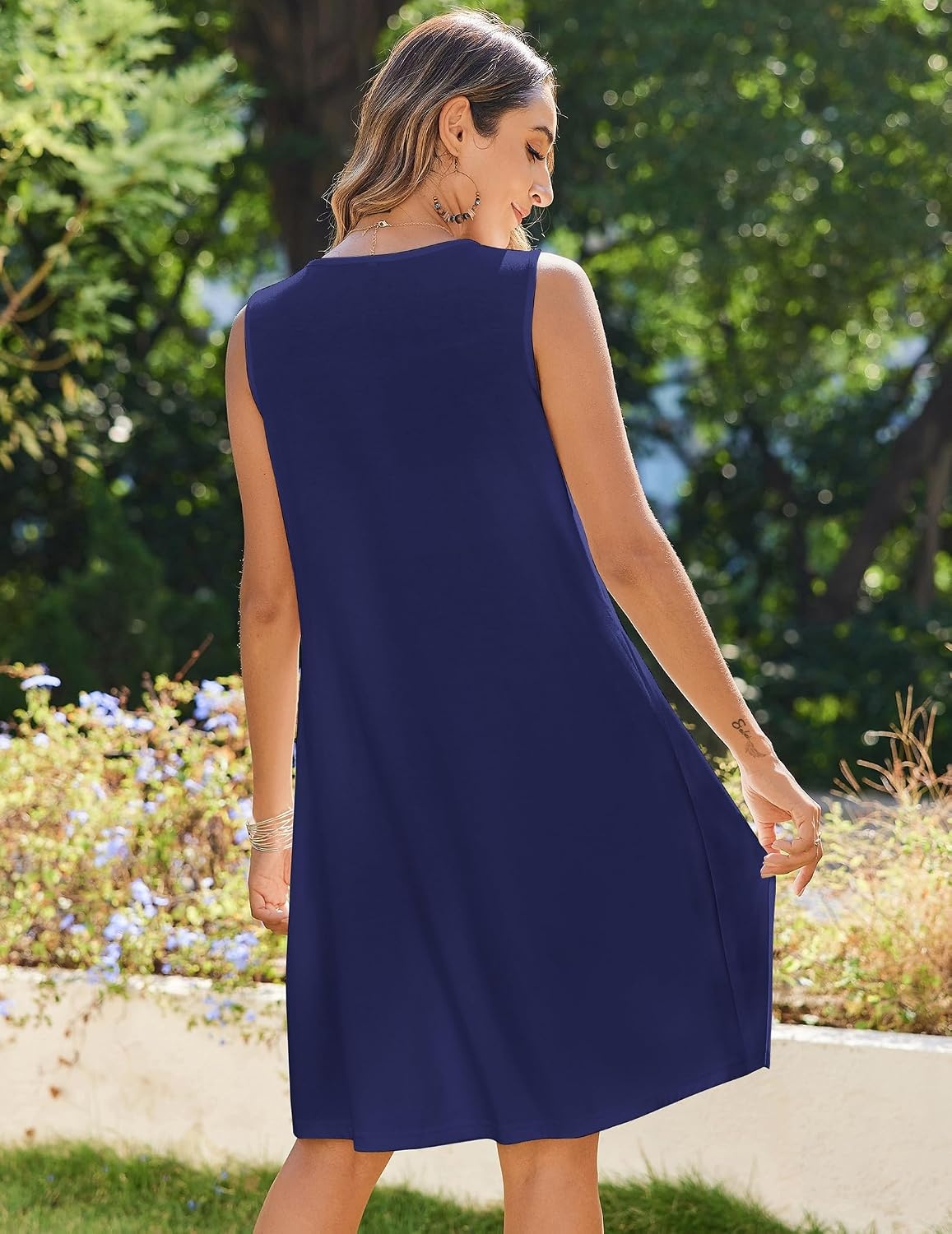 image:imageZeagoo Womens Casual Summer Dresses 2025 Boho Sleeveless Sundresses with Pockets Pleated Beach Floral T Shirt DressesNavy Blue