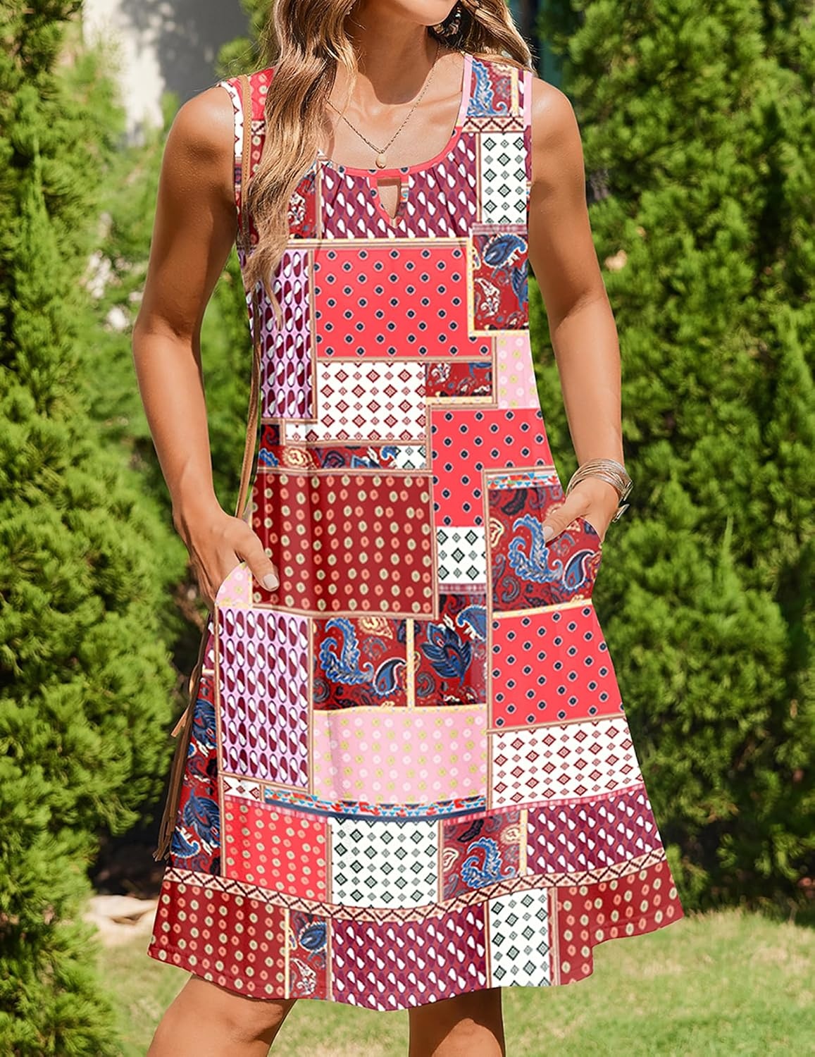 image:imageZeagoo Womens Casual Summer Dresses 2025 Boho Sleeveless Sundresses with Pockets Pleated Beach Floral T Shirt DressesPrinted06