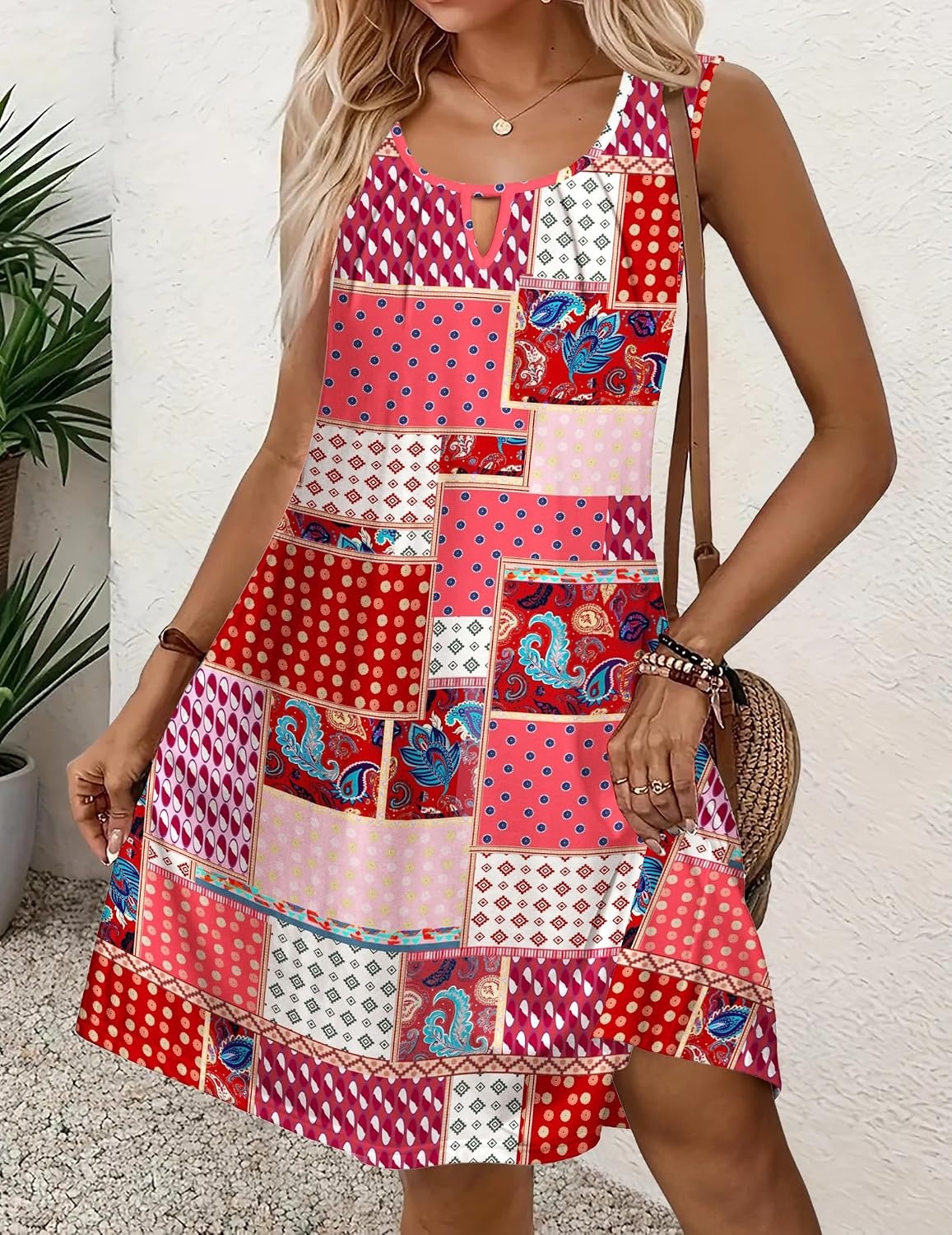 image:imageZeagoo Womens Casual Summer Dresses 2025 Boho Sleeveless Sundresses with Pockets Pleated Beach Floral T Shirt DressesPrinted06