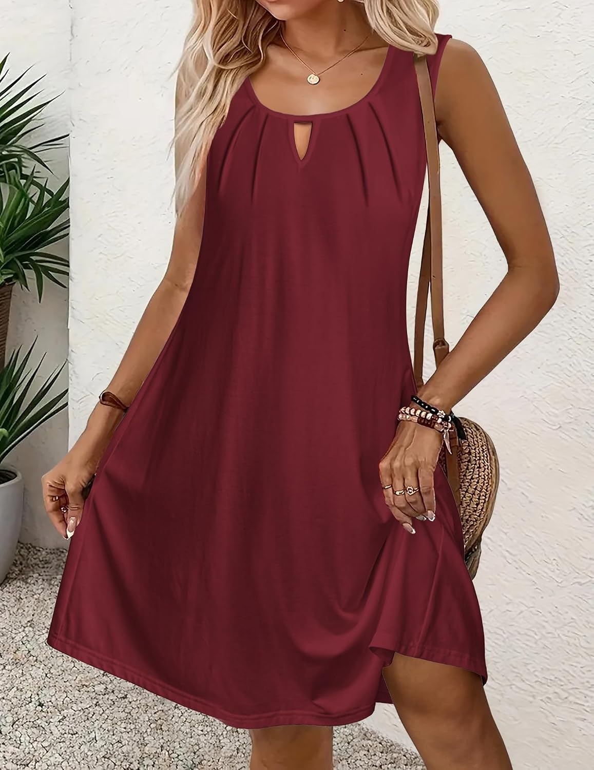 image:imageZeagoo Womens Casual Summer Dresses 2025 Boho Sleeveless Sundresses with Pockets Pleated Beach Floral T Shirt DressesWine Red
