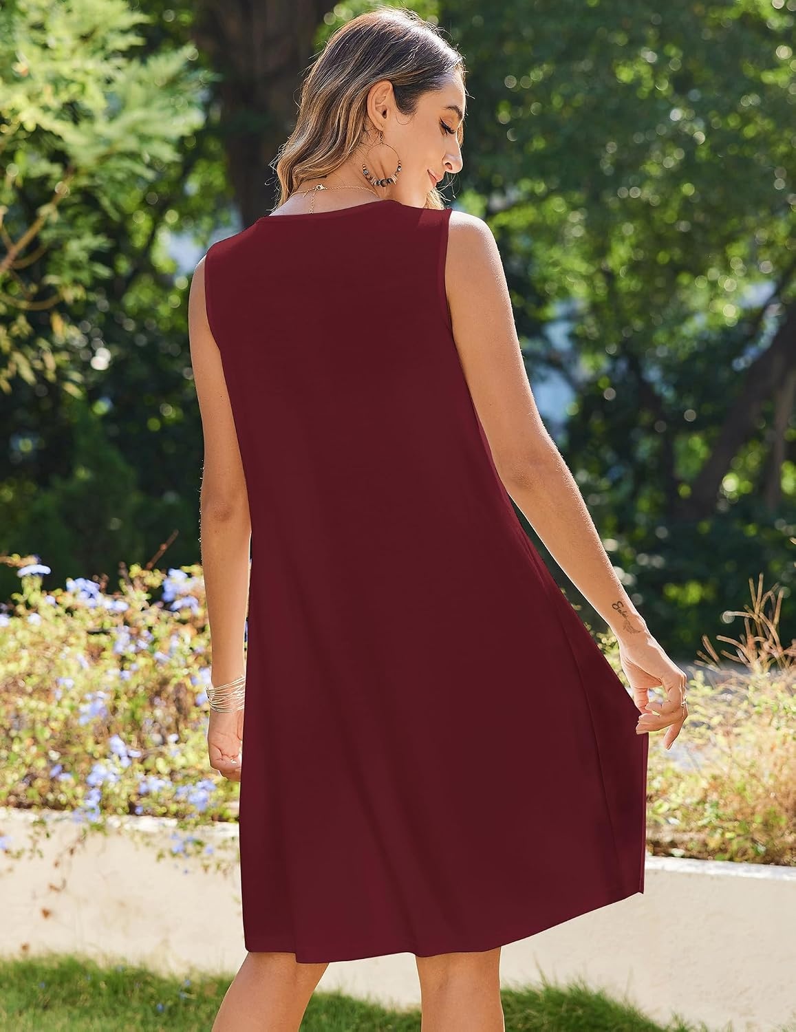 image:imageZeagoo Womens Casual Summer Dresses 2025 Boho Sleeveless Sundresses with Pockets Pleated Beach Floral T Shirt DressesWine Red