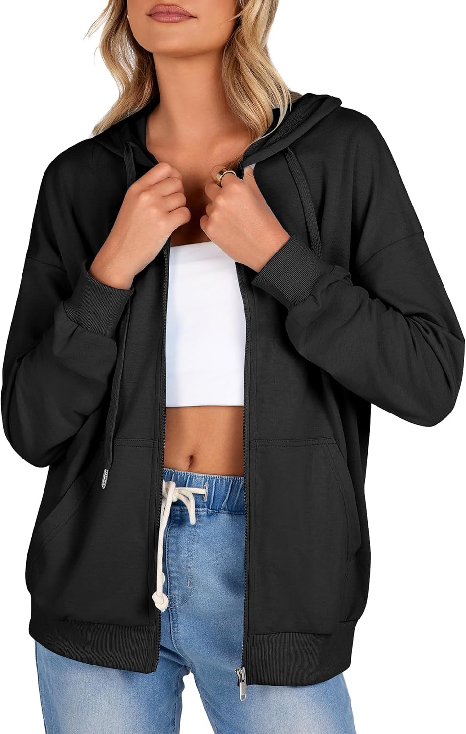 image:imageZeagoo Womens Lightweight Hoodies Full Zip Up Oversized Sweatshirt TrendyBlack