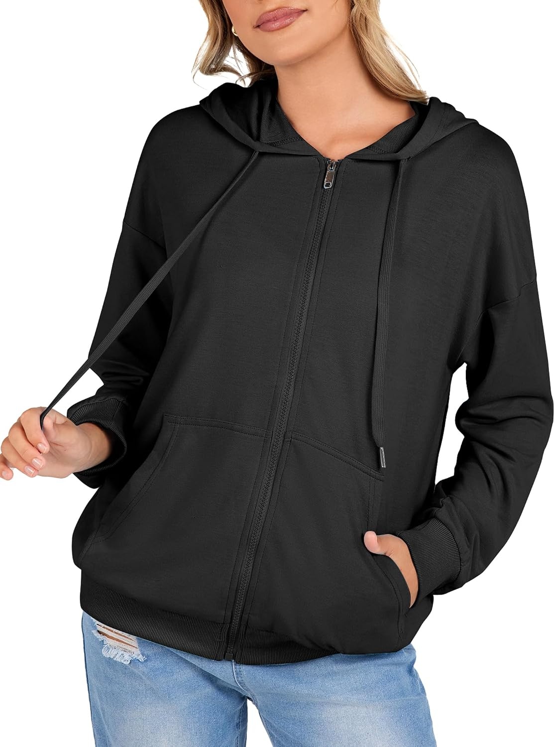 image:imageZeagoo Womens Lightweight Hoodies Full Zip Up Oversized Sweatshirt TrendyBlack