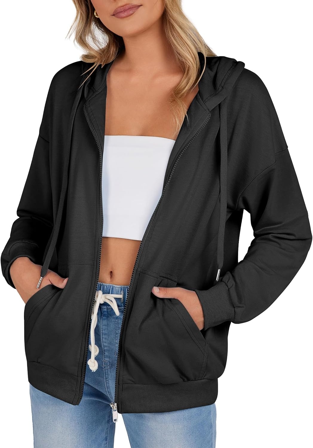 image:imageZeagoo Womens Lightweight Hoodies Full Zip Up Oversized Sweatshirt TrendyBlack