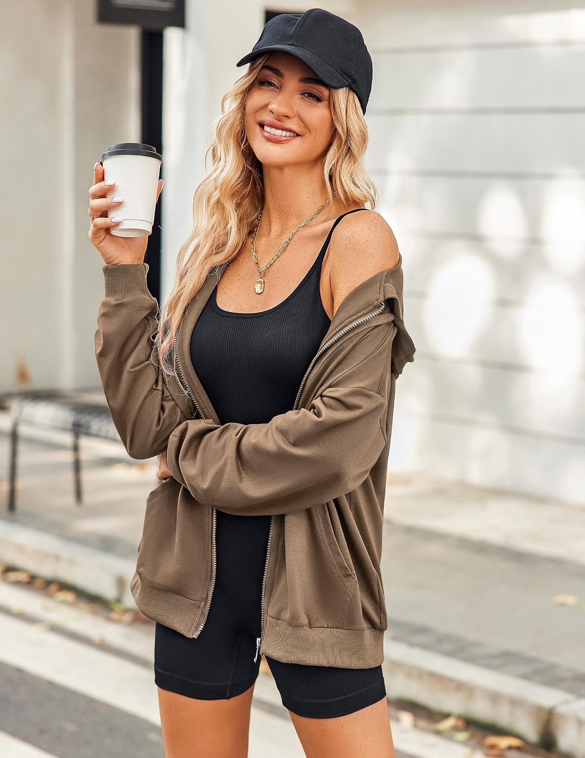 image:imageZeagoo Womens Lightweight Hoodies Full Zip Up Oversized Sweatshirt TrendyBrown