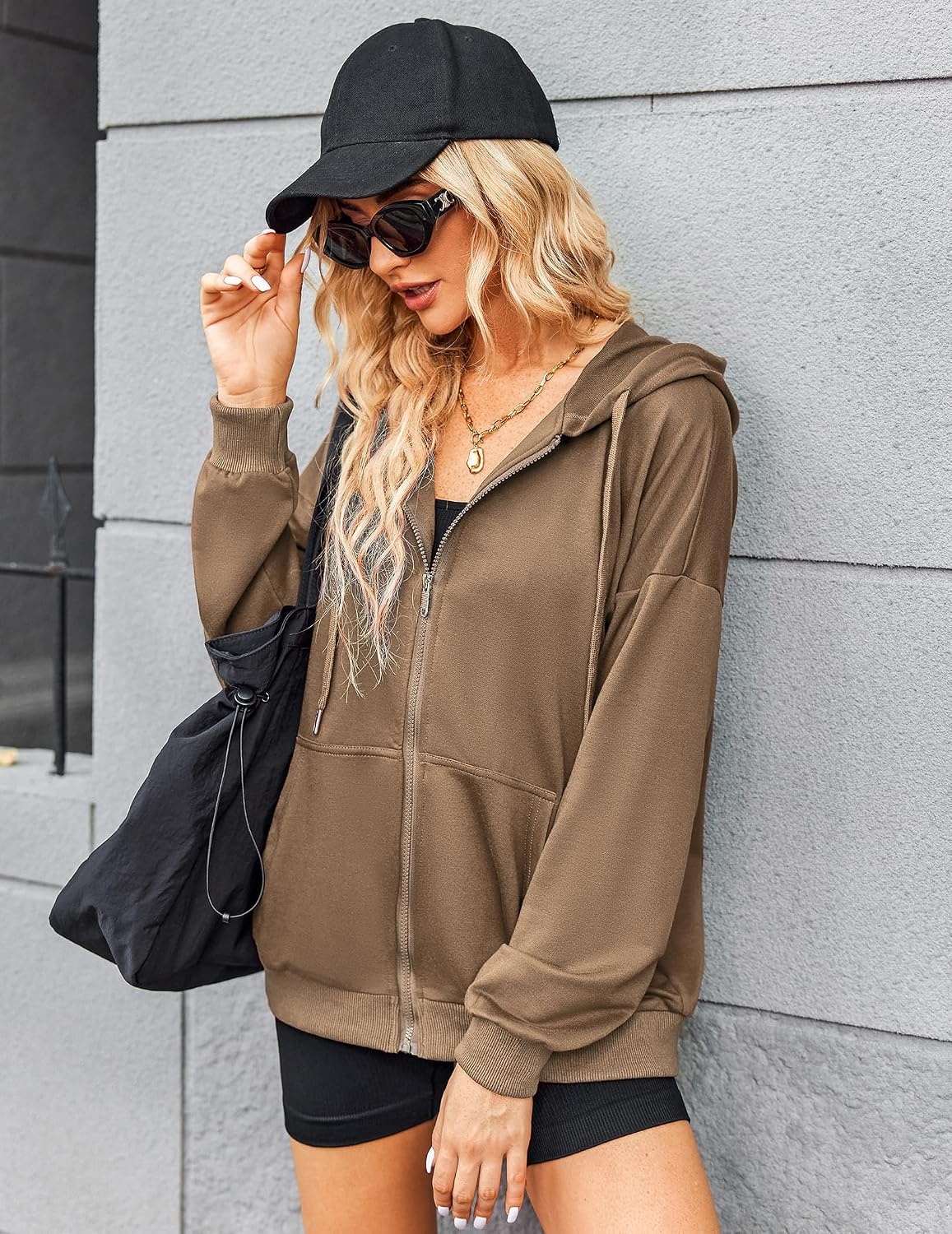 image:imageZeagoo Womens Lightweight Hoodies Full Zip Up Oversized Sweatshirt TrendyBrown