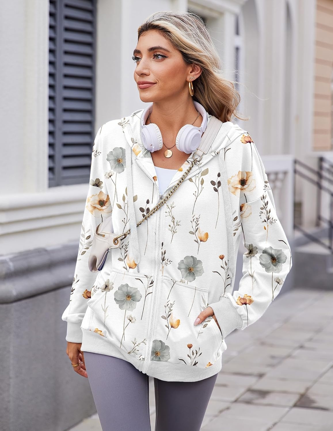 image:imageZeagoo Womens Lightweight Hoodies Full Zip Up Oversized Sweatshirt TrendyFloral Printed