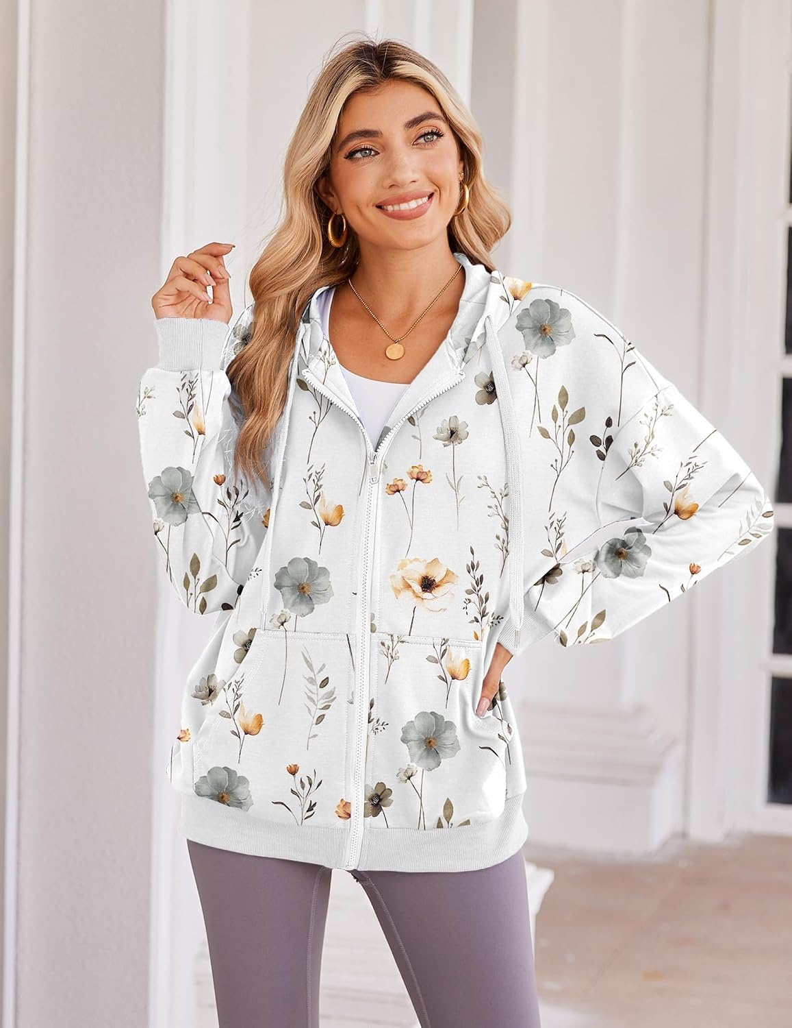 image:imageZeagoo Womens Lightweight Hoodies Full Zip Up Oversized Sweatshirt TrendyFloral Printed