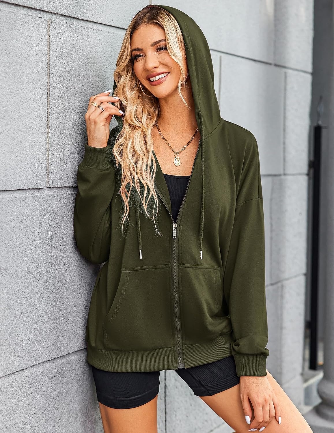 image:imageZeagoo Womens Lightweight Hoodies Full Zip Up Oversized Sweatshirt TrendyGreen