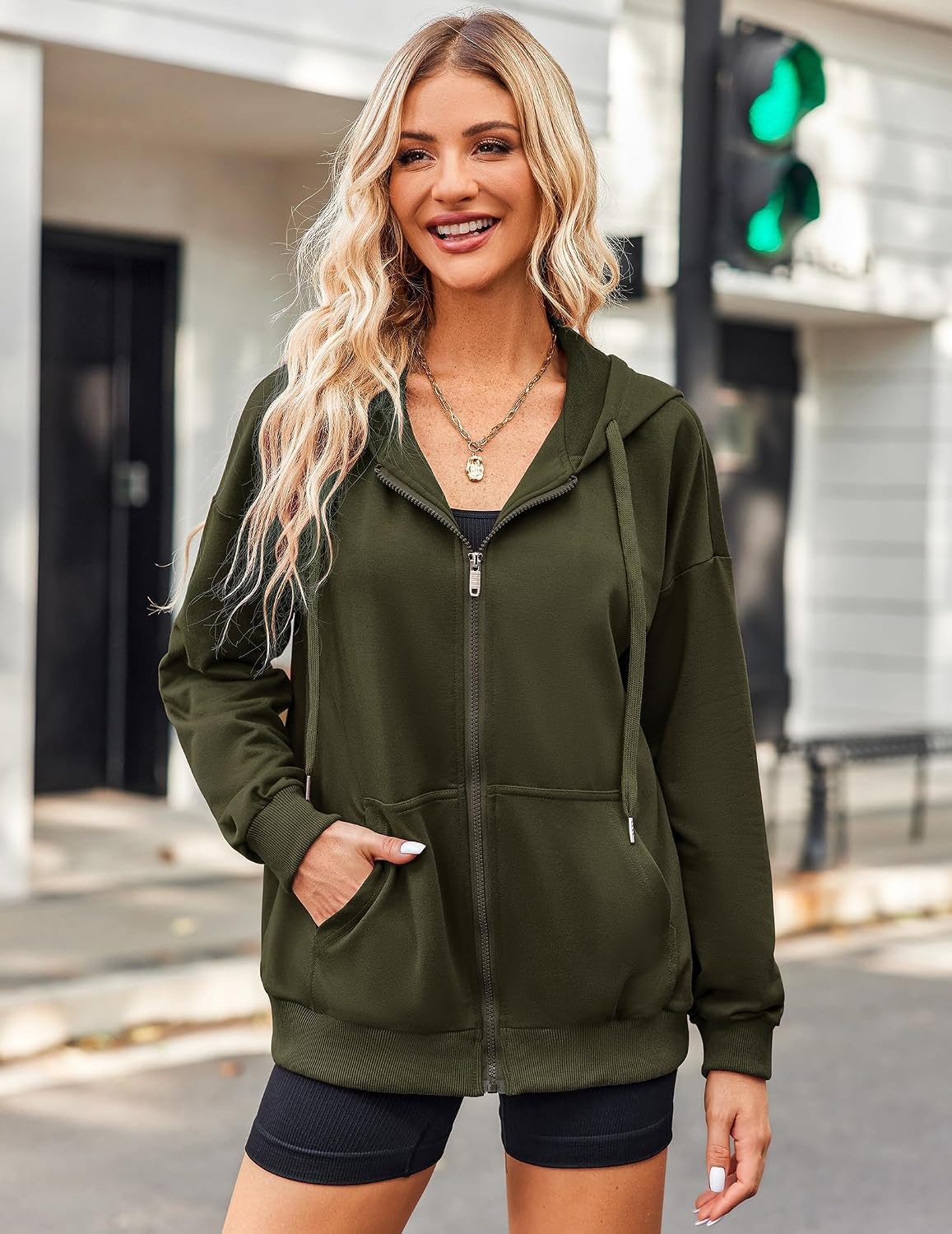 image:imageZeagoo Womens Lightweight Hoodies Full Zip Up Oversized Sweatshirt TrendyGreen