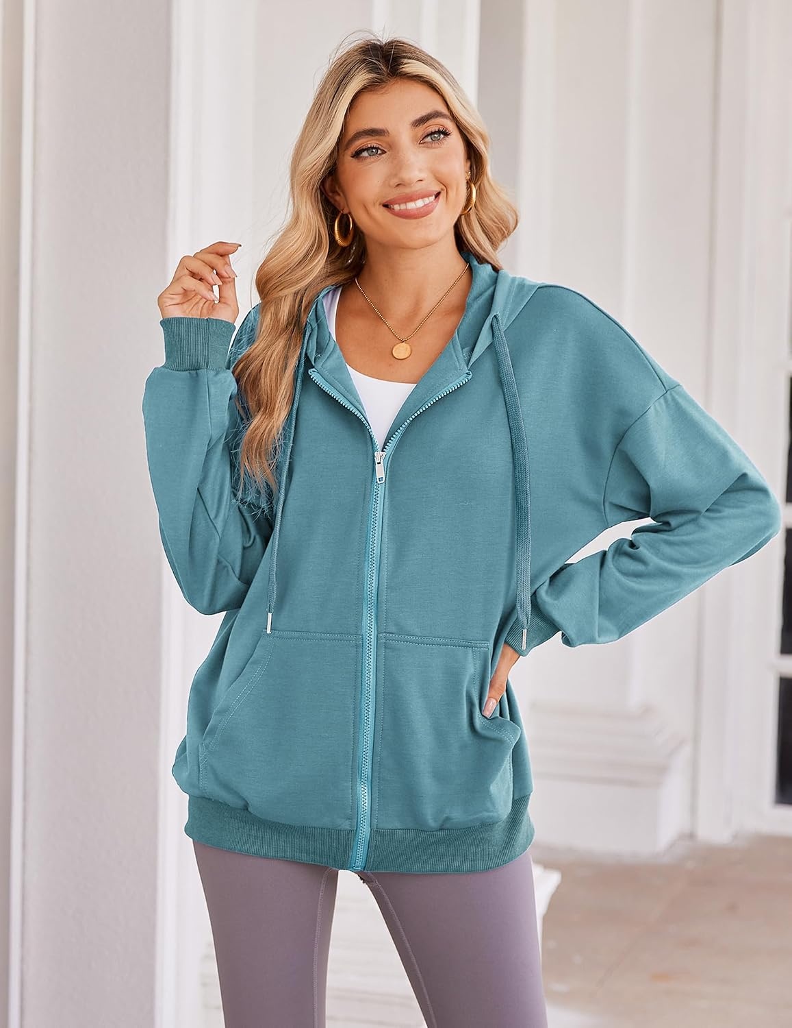 image:imageZeagoo Womens Lightweight Hoodies Full Zip Up Oversized Sweatshirt TrendyGrey Blue