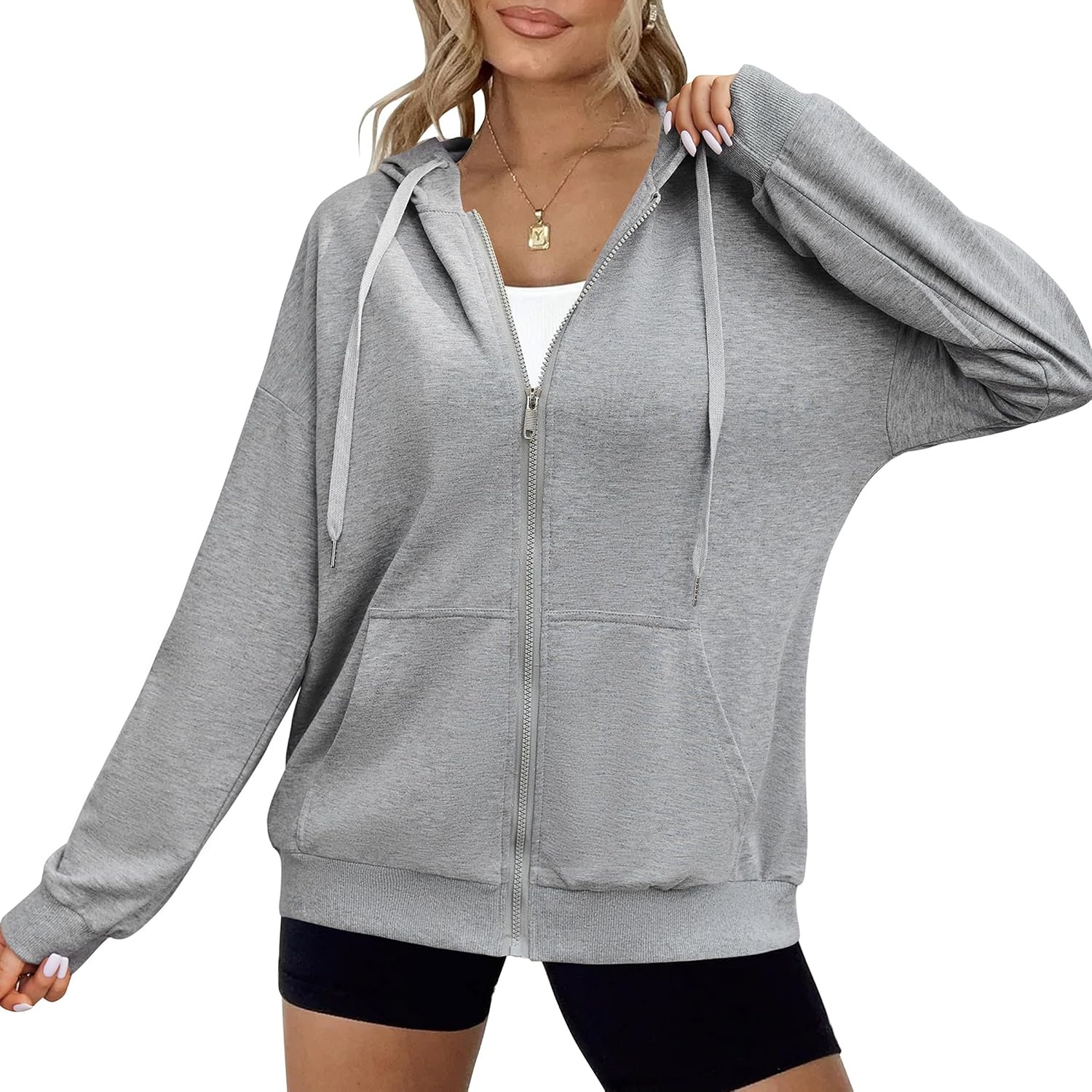 image:imageZeagoo Womens Lightweight Hoodies Full Zip Up Oversized Sweatshirt TrendyLight Grey