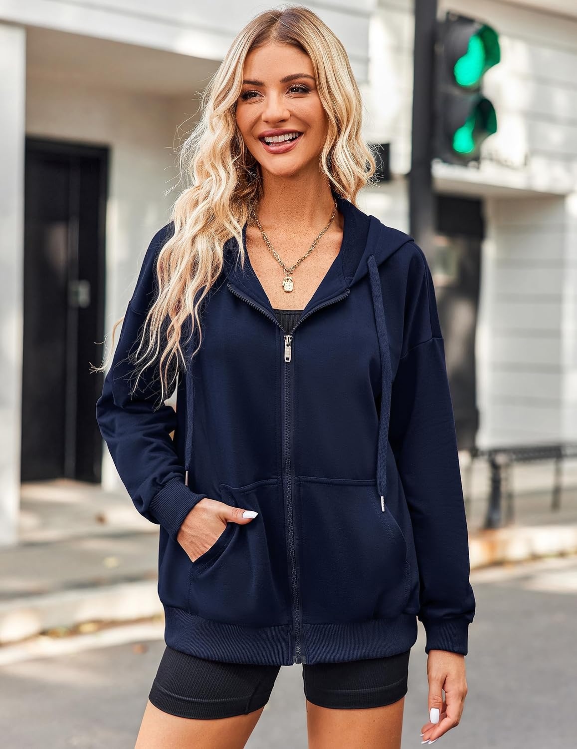 image:imageZeagoo Womens Lightweight Hoodies Full Zip Up Oversized Sweatshirt TrendyNavy Blue