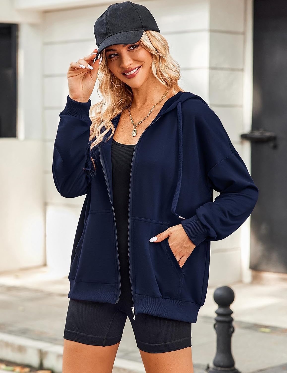 image:imageZeagoo Womens Lightweight Hoodies Full Zip Up Oversized Sweatshirt TrendyNavy Blue