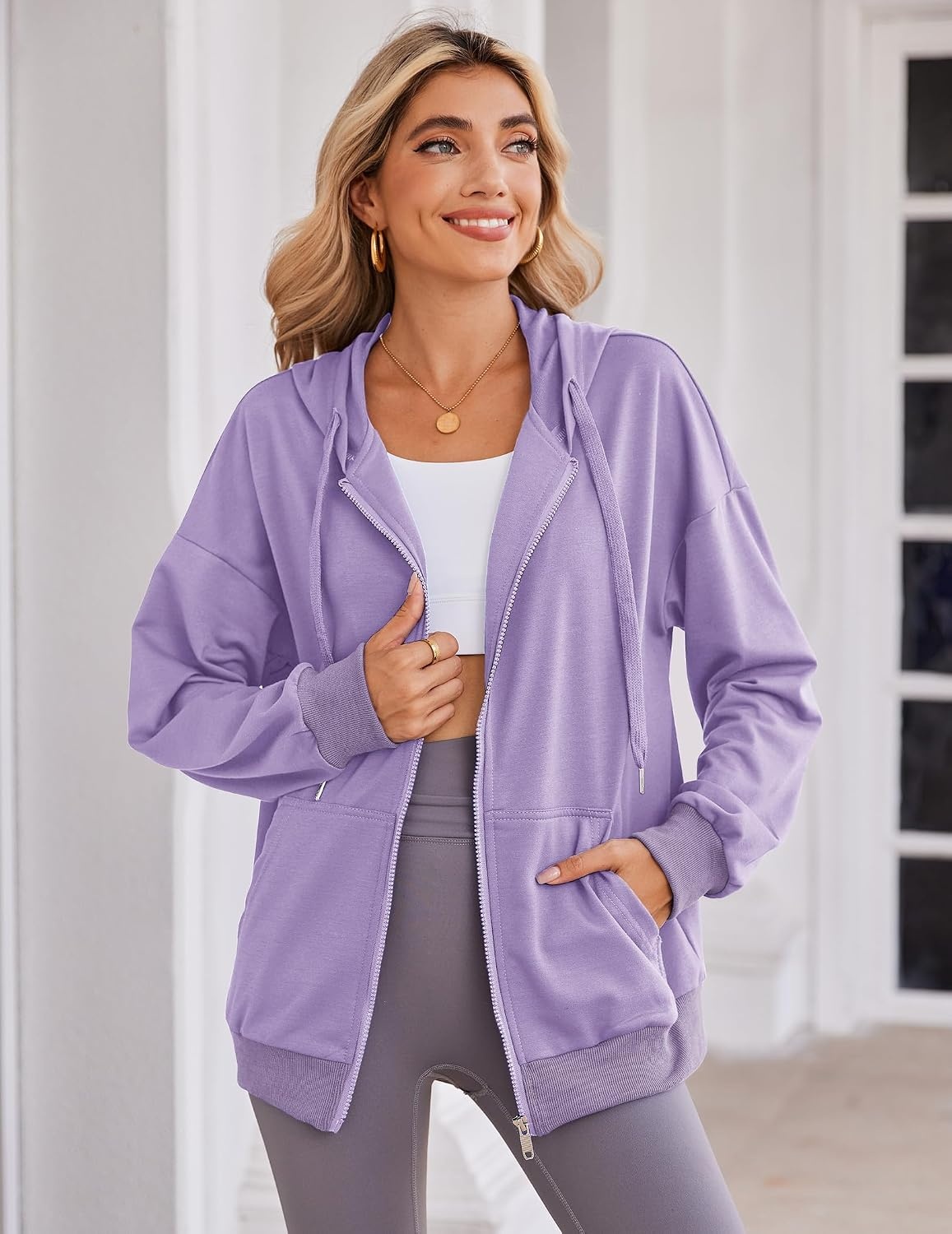 image:imageZeagoo Womens Lightweight Hoodies Full Zip Up Oversized Sweatshirt TrendyPurple