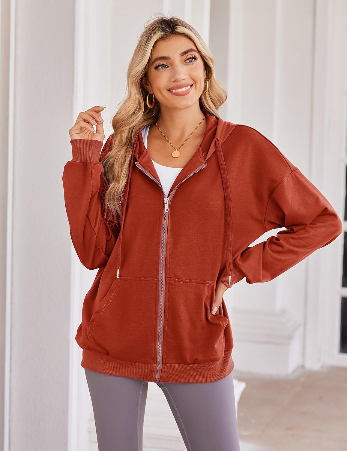 image:imageZeagoo Womens Lightweight Hoodies Full Zip Up Oversized Sweatshirt TrendyRed