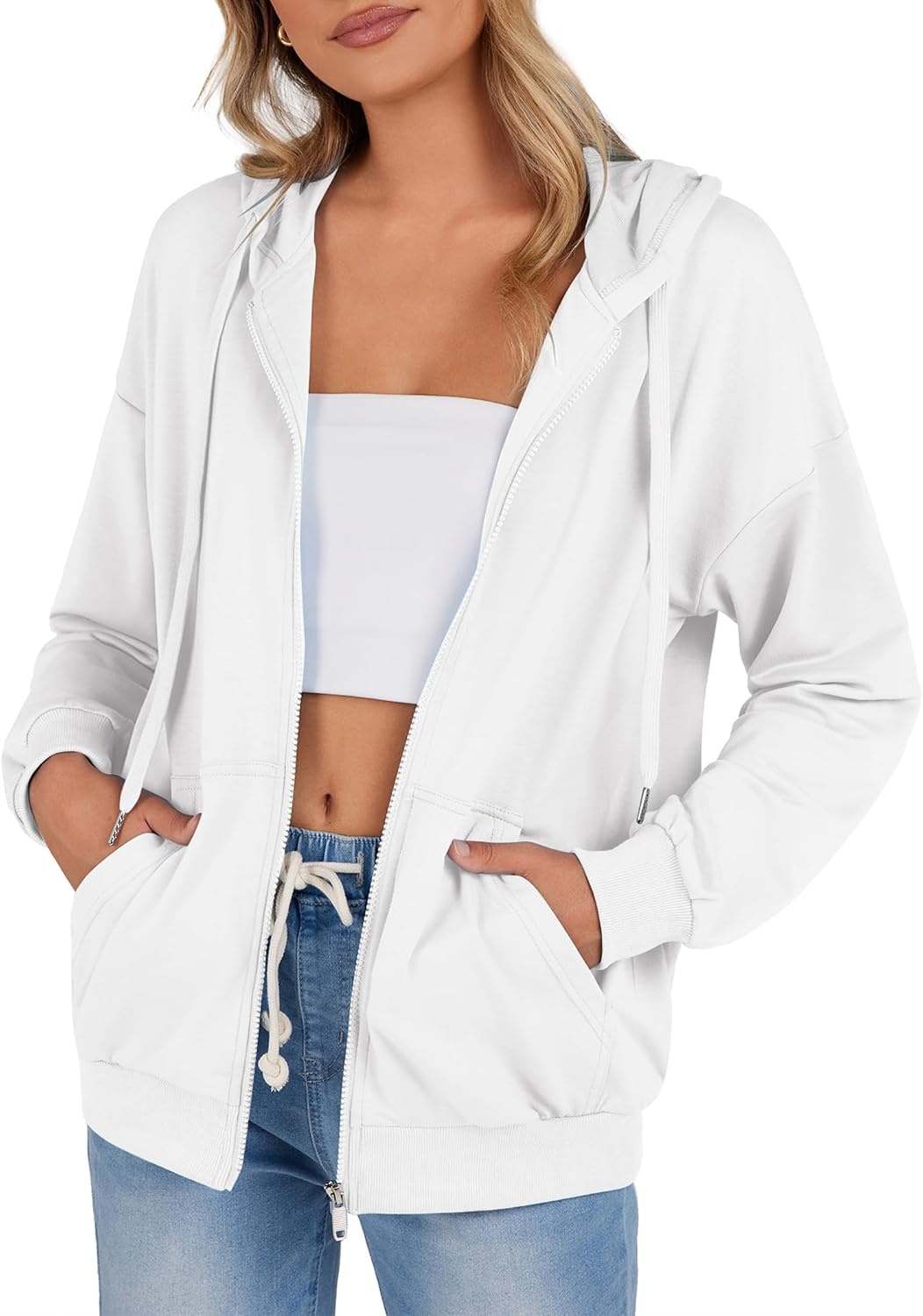 image:imageZeagoo Womens Lightweight Hoodies Full Zip Up Oversized Sweatshirt TrendyWhite
