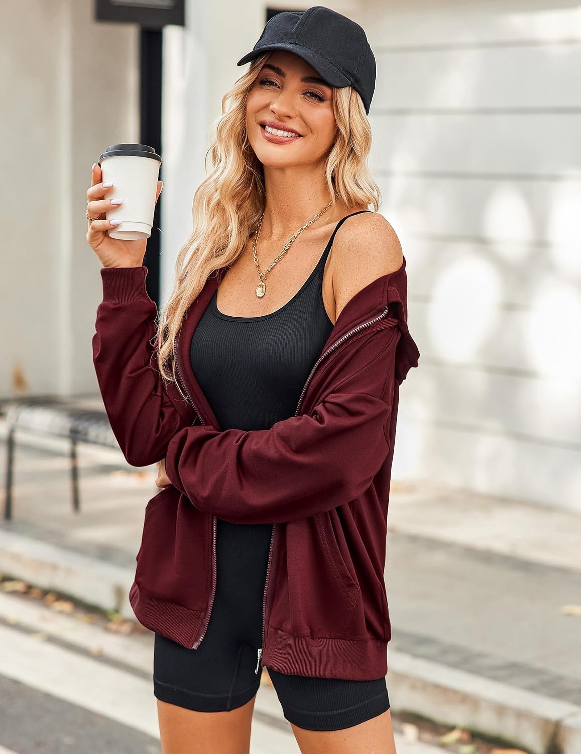 image:imageZeagoo Womens Lightweight Hoodies Full Zip Up Oversized Sweatshirt TrendyWine Red