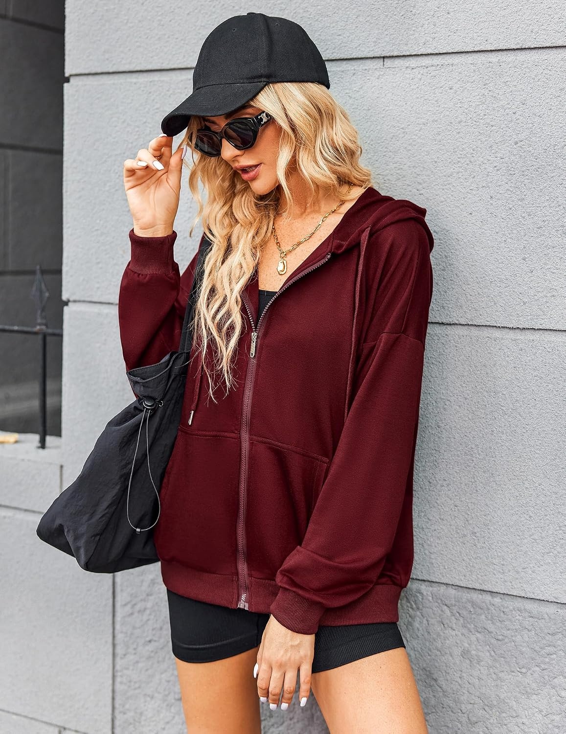 image:imageZeagoo Womens Lightweight Hoodies Full Zip Up Oversized Sweatshirt TrendyWine Red