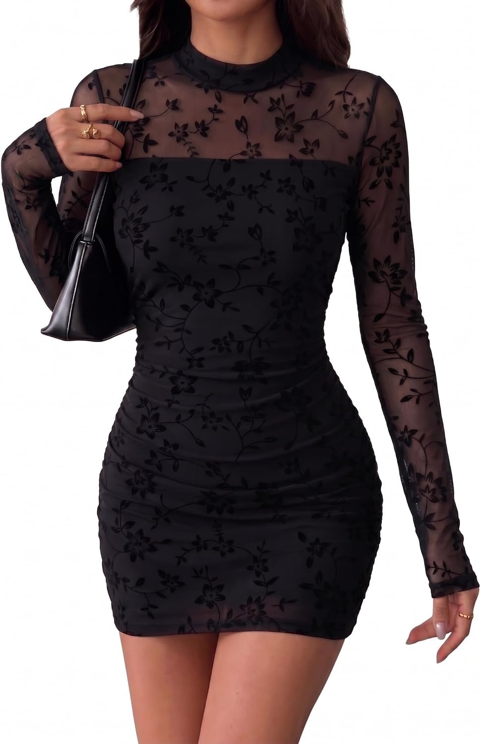 image:imageZeagoo Womens Mesh Sheer Long Sleeve Dress Ruched Bodycon Mock Neck Dress01zw781