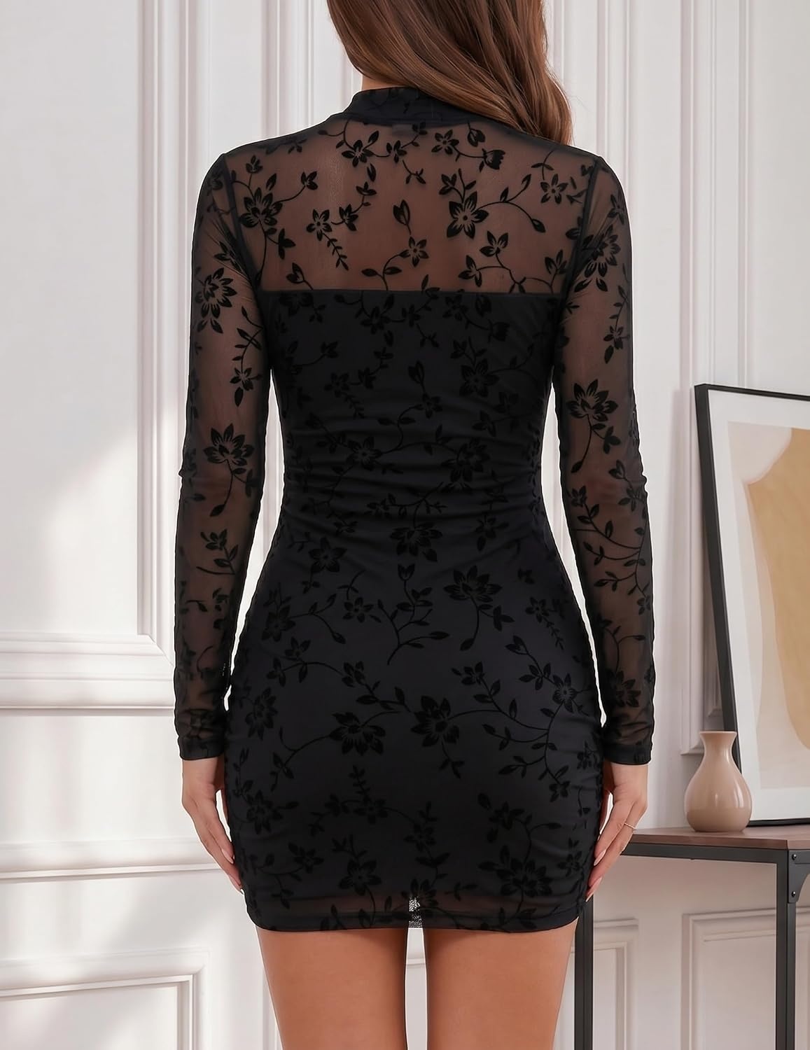 image:imageZeagoo Womens Mesh Sheer Long Sleeve Dress Ruched Bodycon Mock Neck Dress01zw781