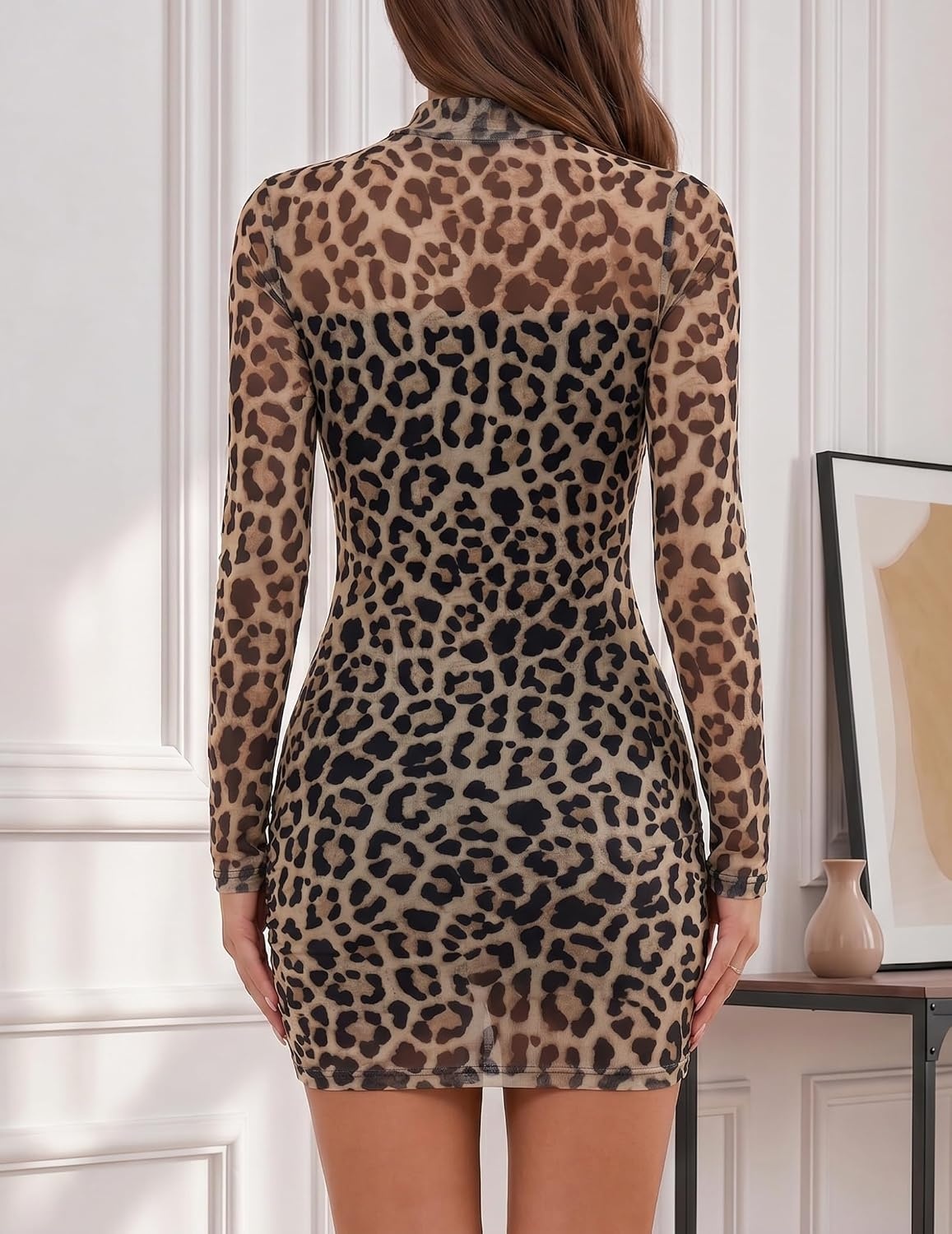 image:imageZeagoo Womens Mesh Sheer Long Sleeve Dress Ruched Bodycon Mock Neck DressAn564