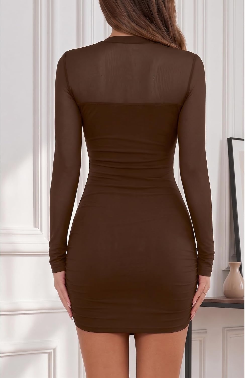 image:imageZeagoo Womens Mesh Sheer Long Sleeve Dress Ruched Bodycon Mock Neck DressBrown
