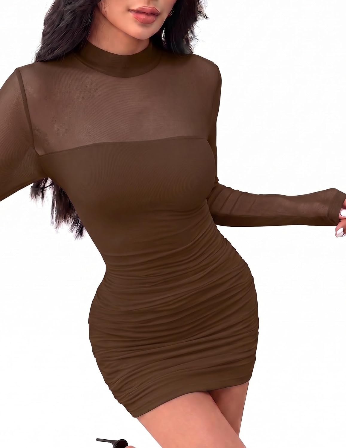 image:imageZeagoo Womens Mesh Sheer Long Sleeve Dress Ruched Bodycon Mock Neck DressBrown