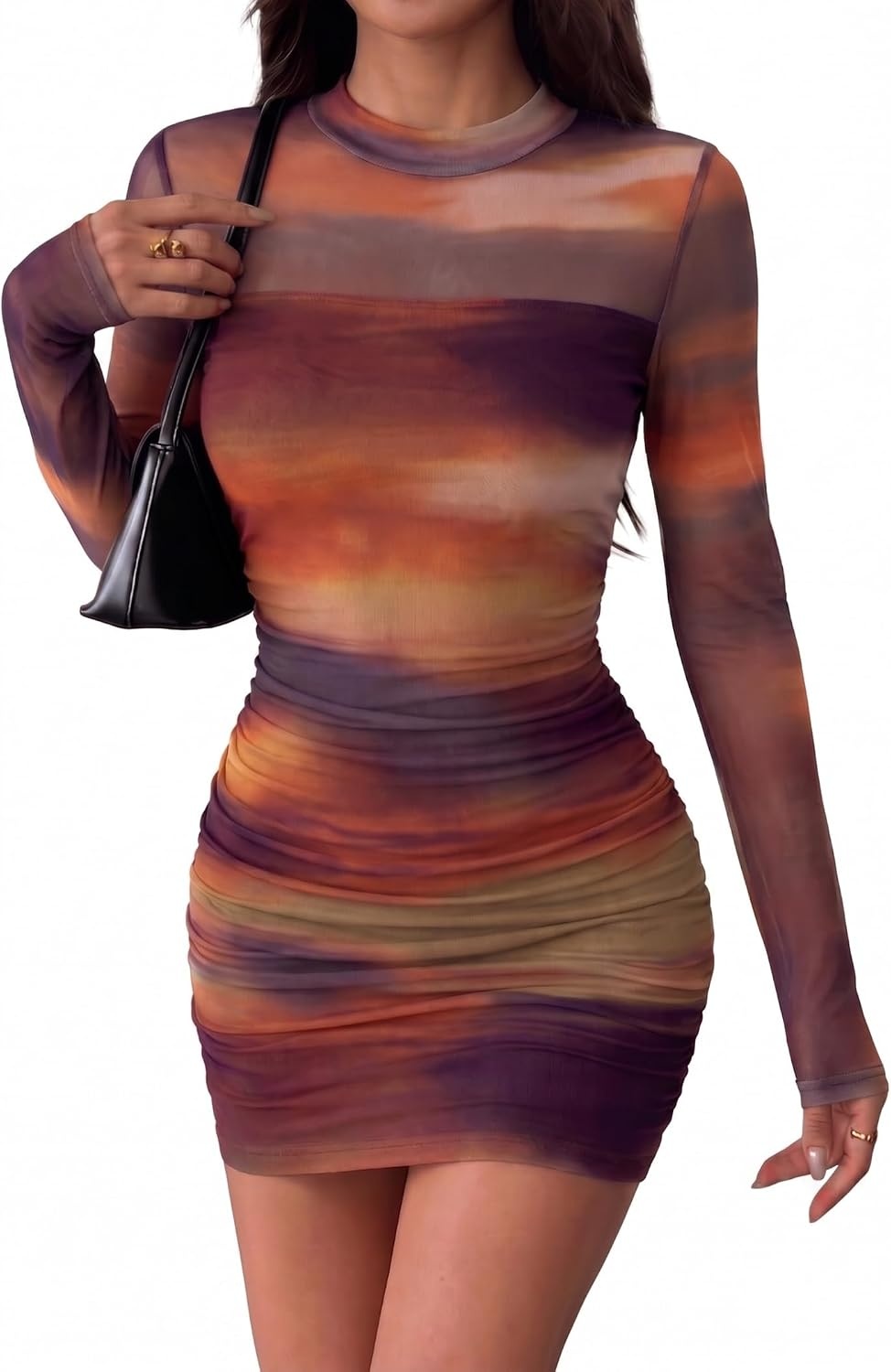 image:imageZeagoo Womens Mesh Sheer Long Sleeve Dress Ruched Bodycon Mock Neck DressCx292