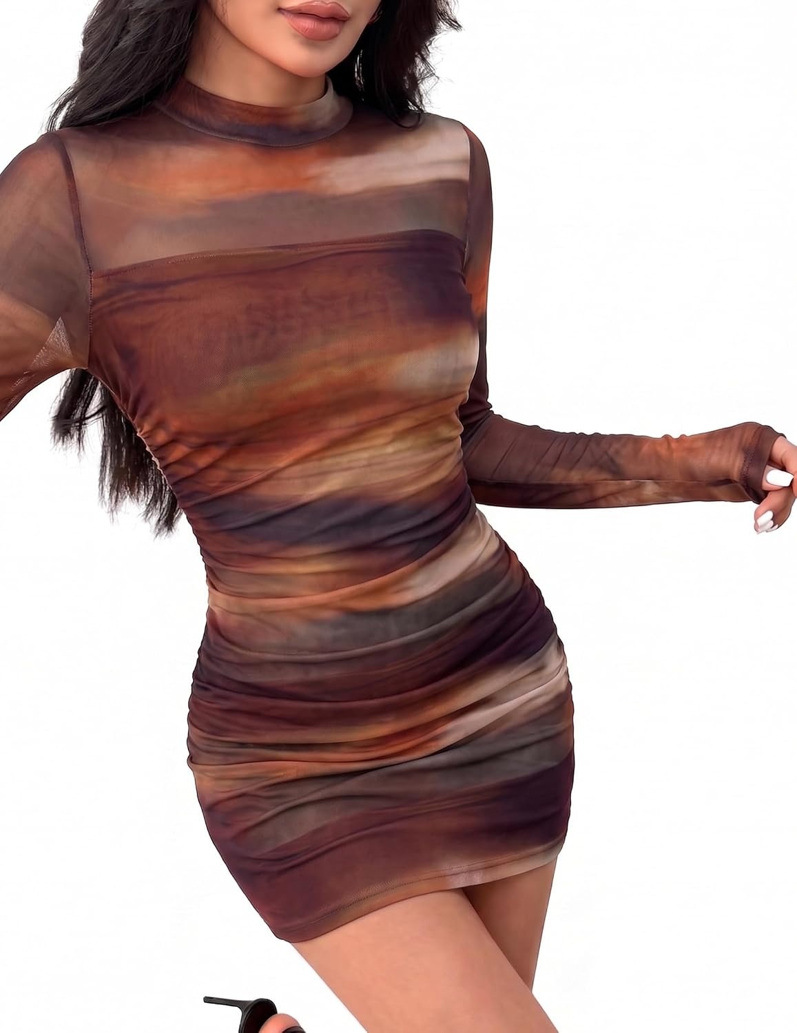 image:imageZeagoo Womens Mesh Sheer Long Sleeve Dress Ruched Bodycon Mock Neck DressCx292