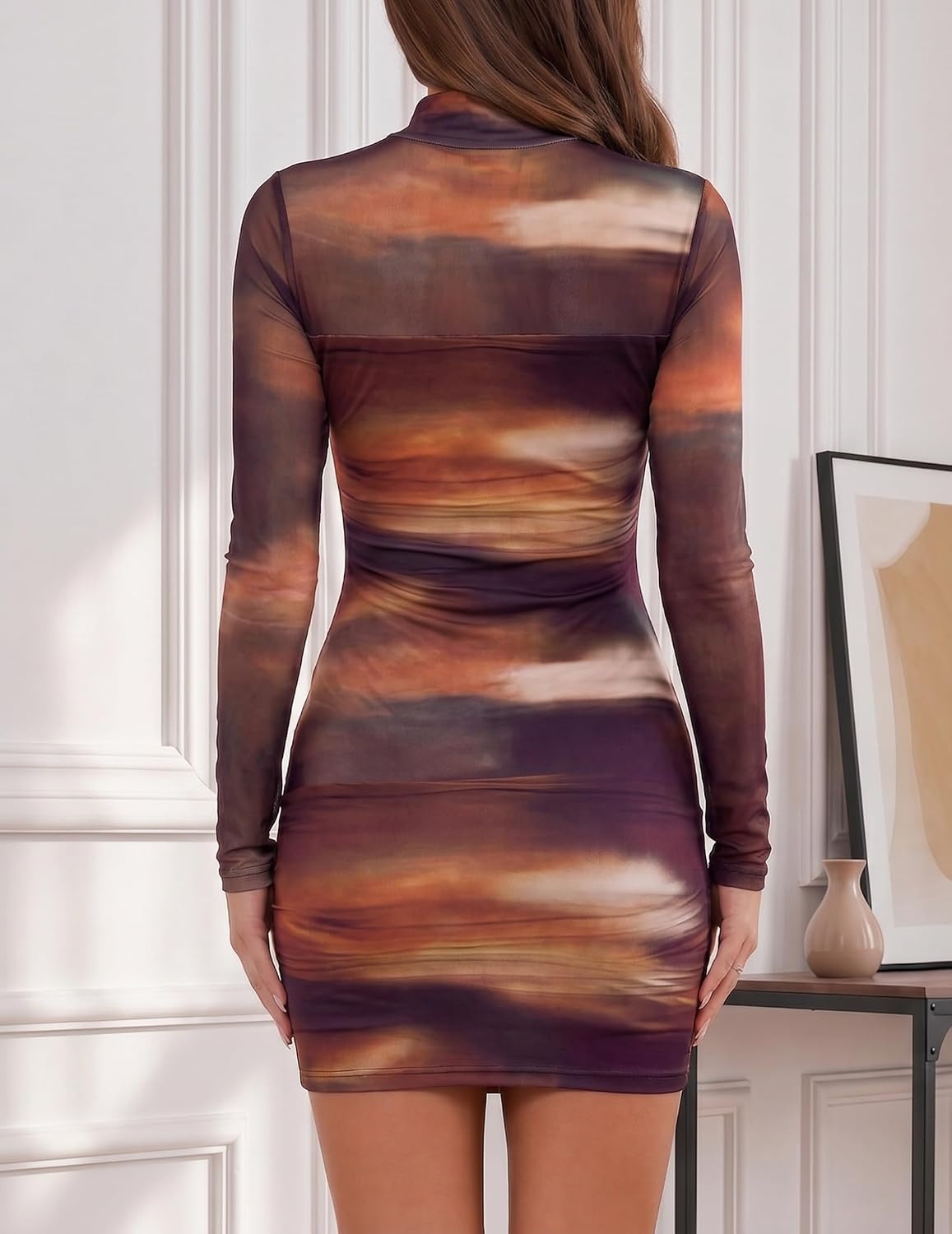 image:imageZeagoo Womens Mesh Sheer Long Sleeve Dress Ruched Bodycon Mock Neck DressCx292