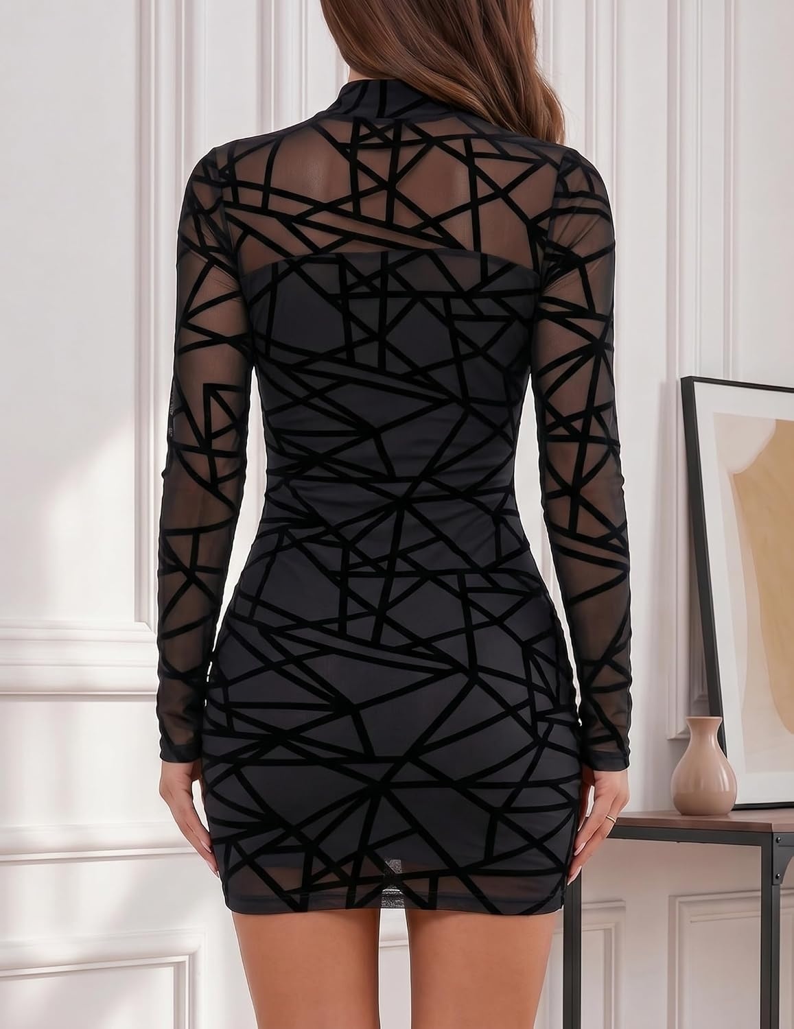 image:imageZeagoo Womens Mesh Sheer Long Sleeve Dress Ruched Bodycon Mock Neck DressJh88