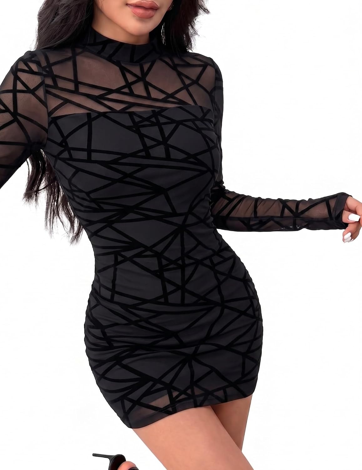 image:imageZeagoo Womens Mesh Sheer Long Sleeve Dress Ruched Bodycon Mock Neck DressJh88