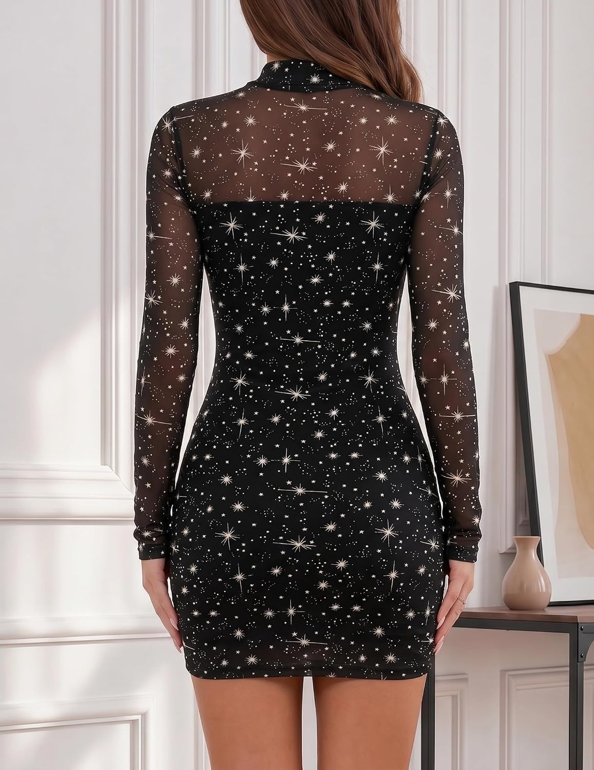 image:imageZeagoo Womens Mesh Sheer Long Sleeve Dress Ruched Bodycon Mock Neck DressKt246