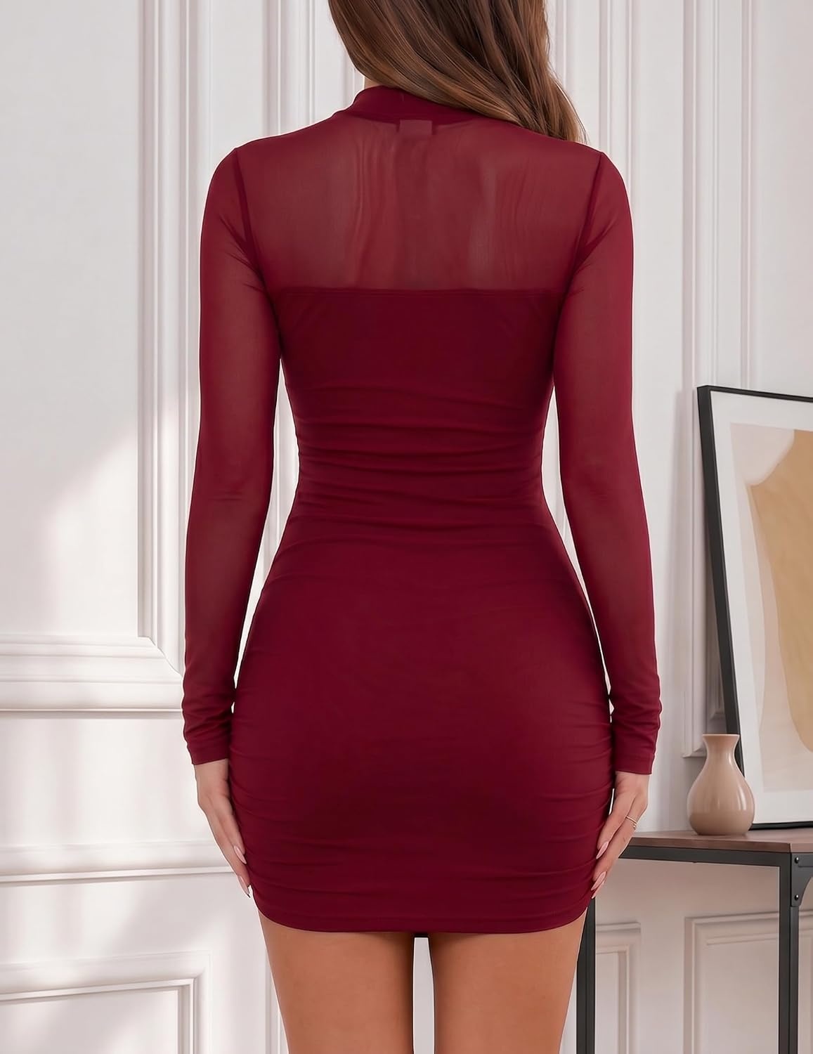 image:imageZeagoo Womens Mesh Sheer Long Sleeve Dress Ruched Bodycon Mock Neck DressWine Red