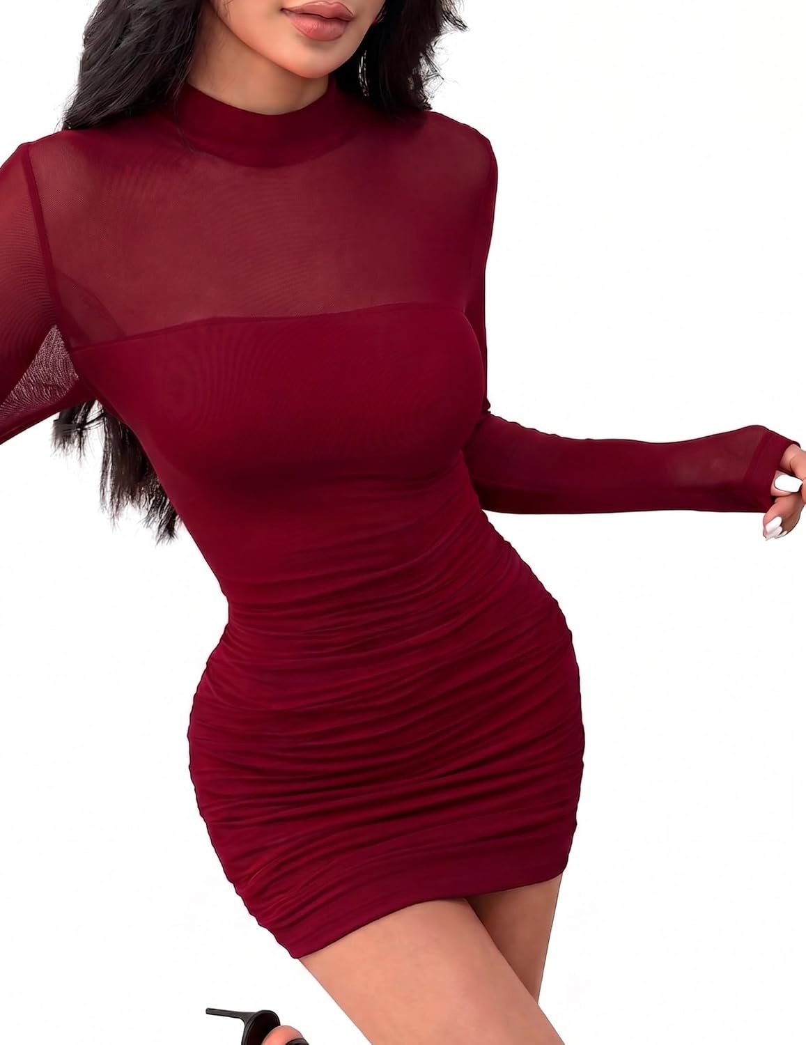 image:imageZeagoo Womens Mesh Sheer Long Sleeve Dress Ruched Bodycon Mock Neck DressWine Red