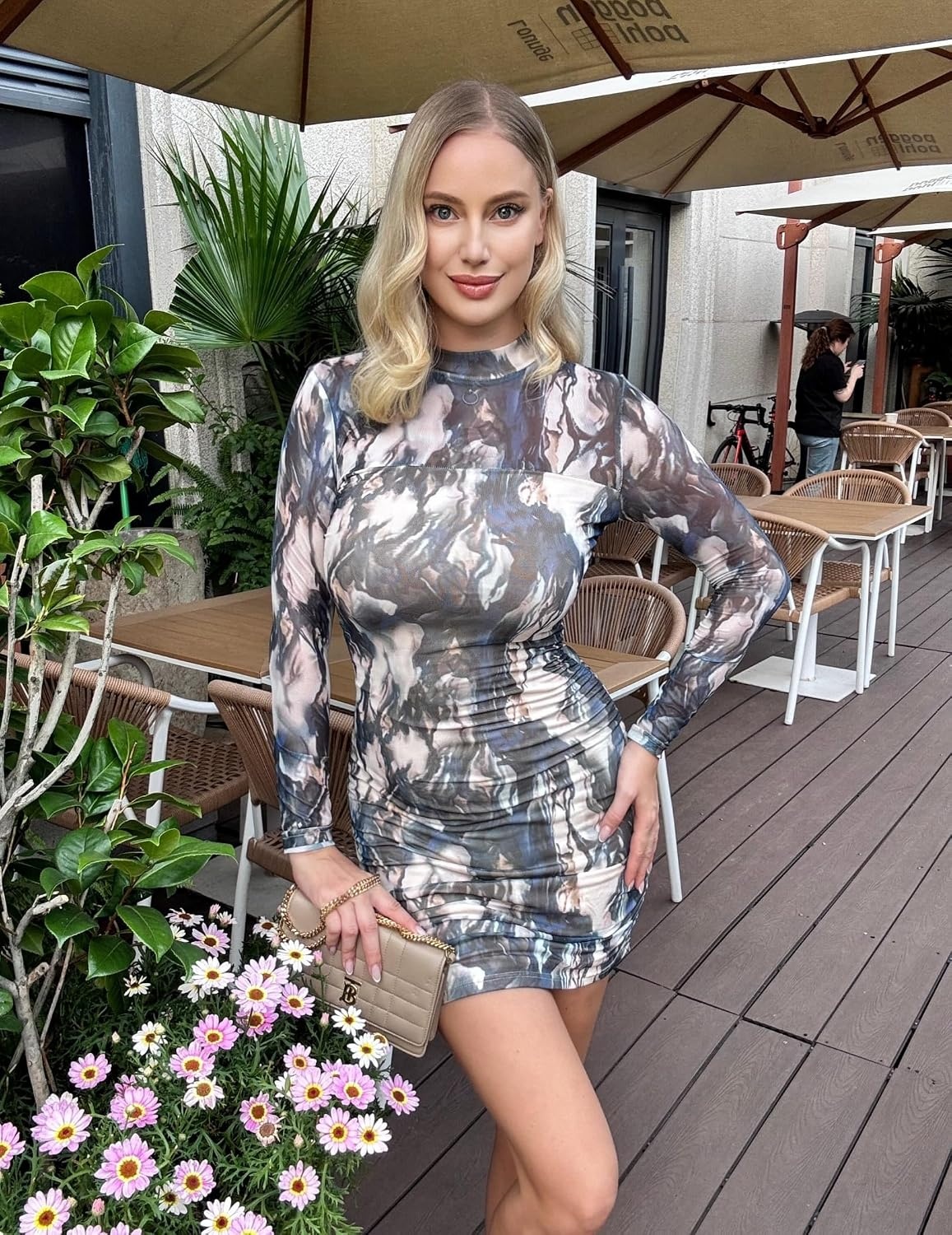 image:imageZeagoo Womens Mesh Sheer Long Sleeve Dress Ruched Bodycon Mock Neck DressZr220
