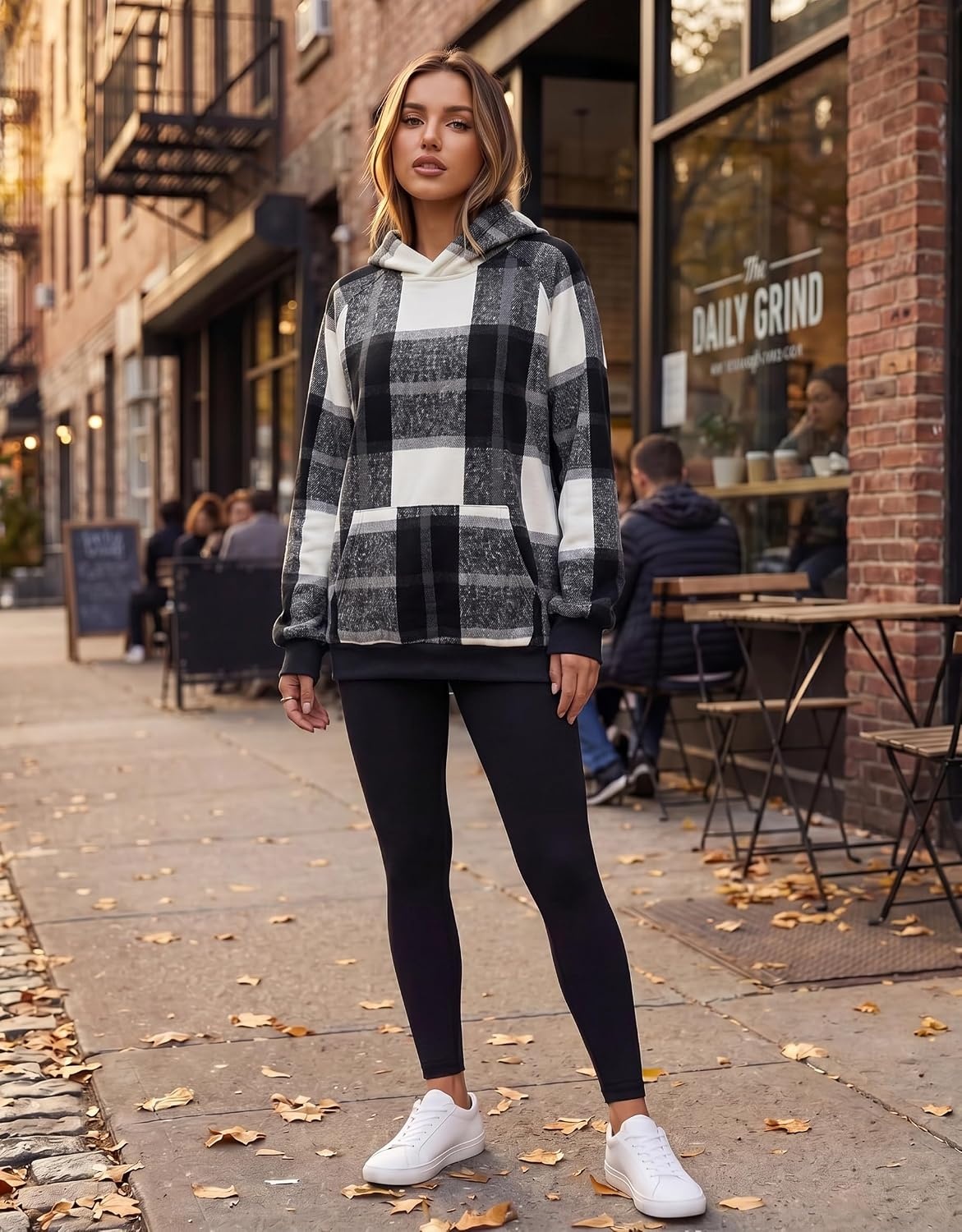 image:imageZeagoo Womens Oversized Hoodies Pullover Fleece Hooded Sweatshirt TrendyBlack White Plaid