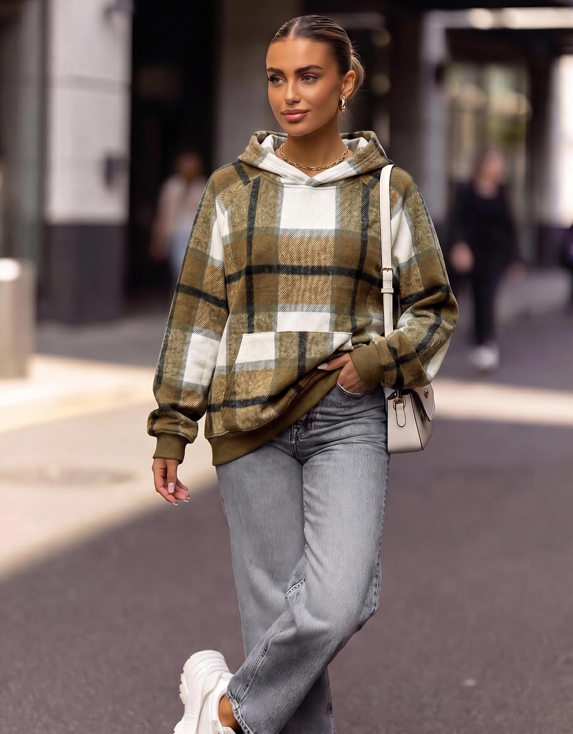 image:imageZeagoo Womens Oversized Hoodies Pullover Fleece Hooded Sweatshirt TrendyKhaki Grey Plaid