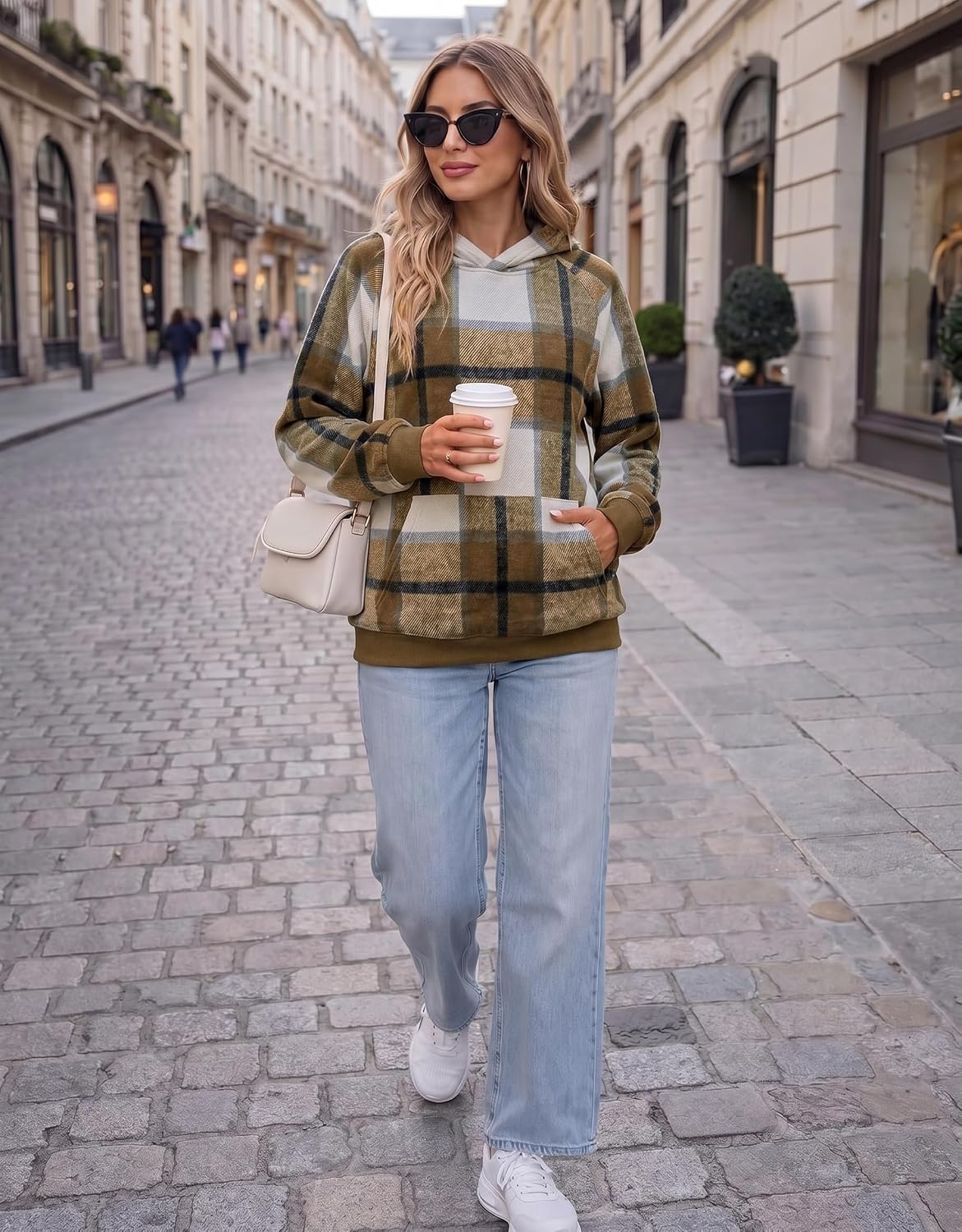 image:imageZeagoo Womens Oversized Hoodies Pullover Fleece Hooded Sweatshirt TrendyKhaki Grey Plaid