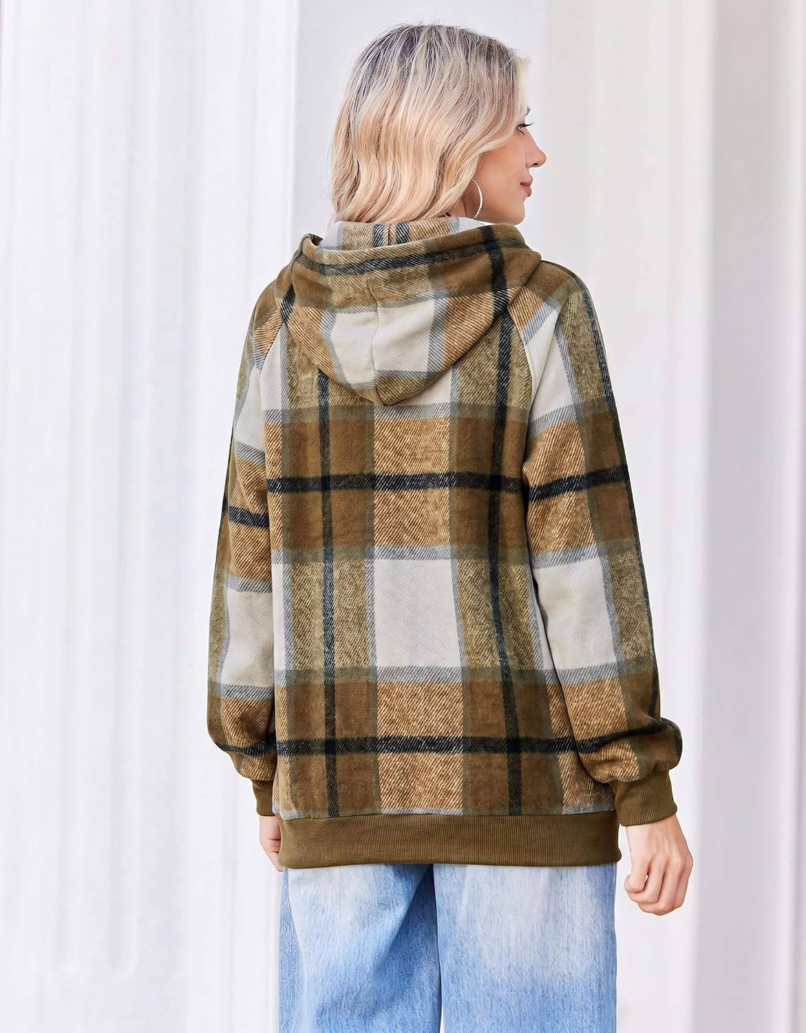 image:imageZeagoo Womens Oversized Hoodies Pullover Fleece Hooded Sweatshirt TrendyKhaki Grey Plaid