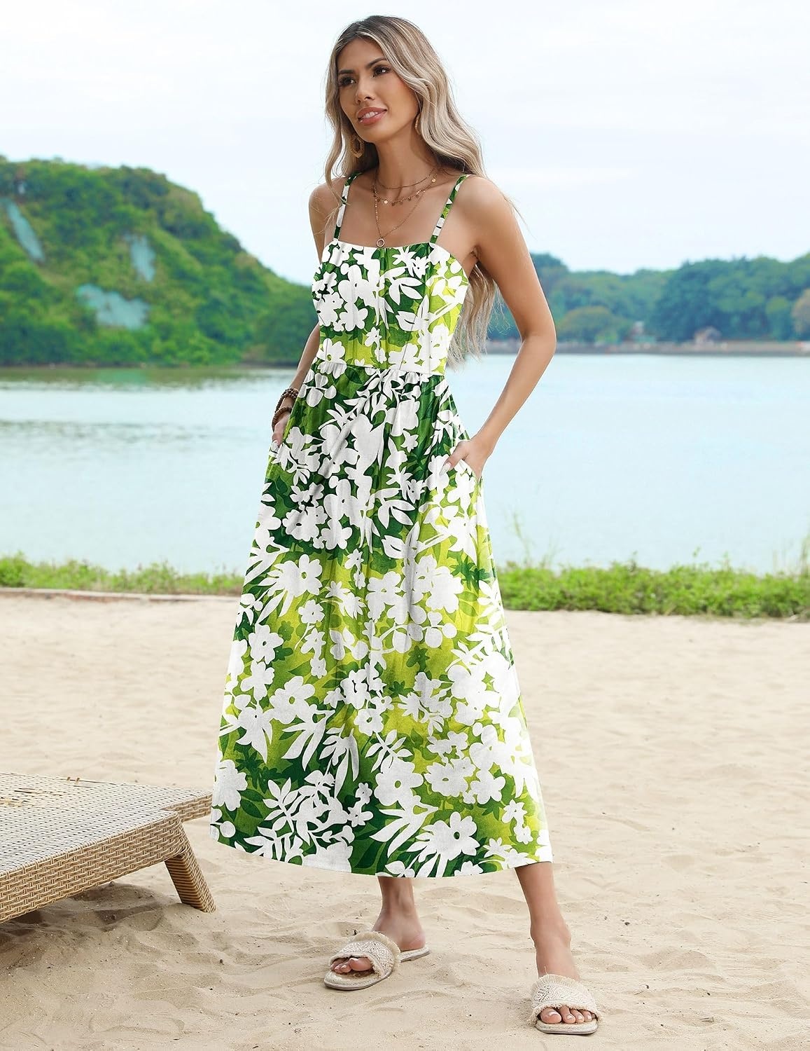 image:imageZeagoo Womens Summer Casual Boho Sundress Spaghetti Strap Square Neck Flowy Midi Dresses A Line Beach Dress with PocketsGreen1