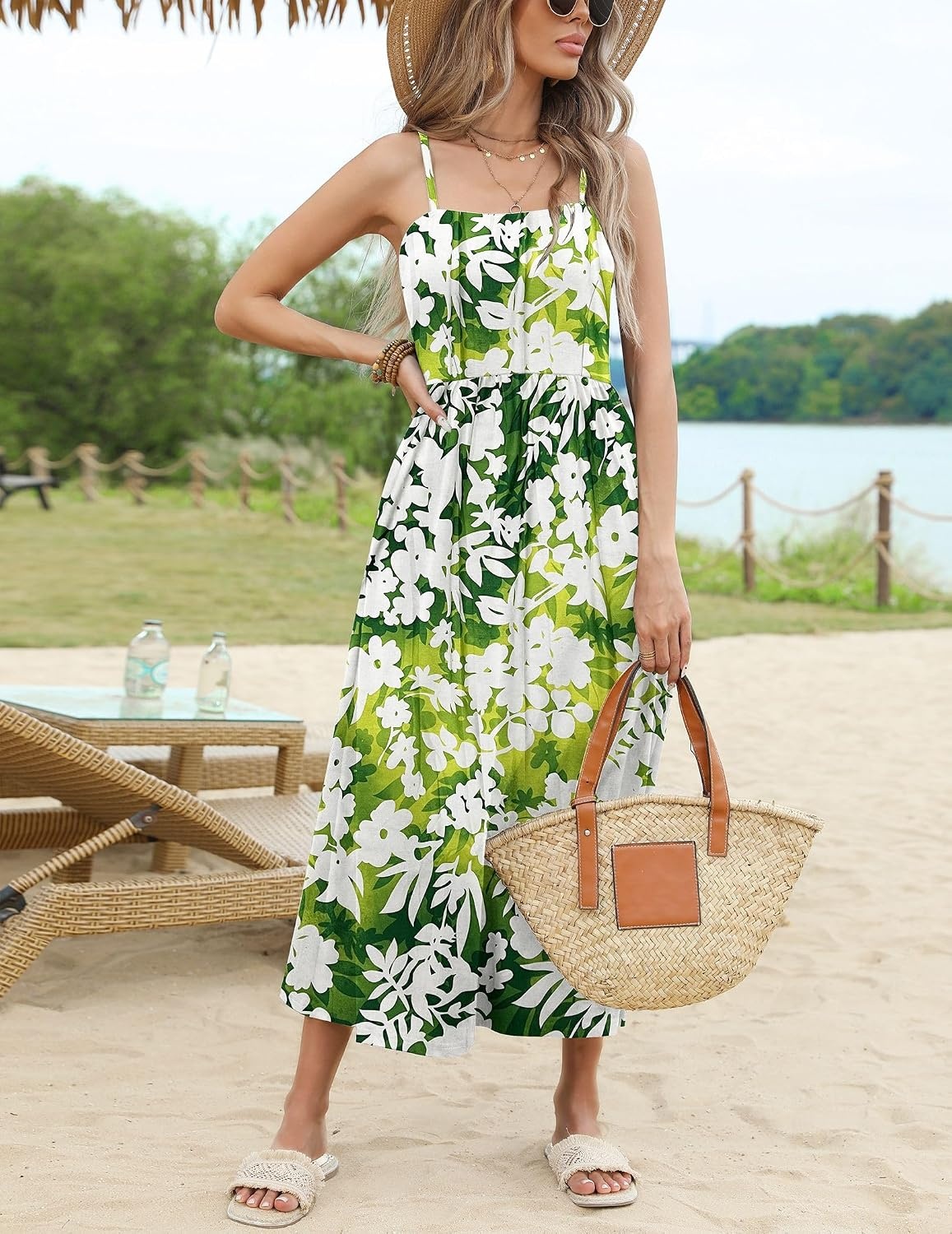 image:imageZeagoo Womens Summer Casual Boho Sundress Spaghetti Strap Square Neck Flowy Midi Dresses A Line Beach Dress with PocketsGreen1
