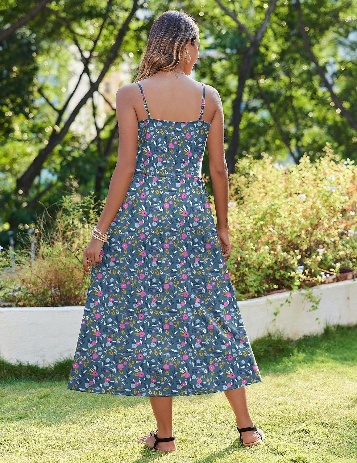 image:imageZeagoo Womens Summer Casual Boho Sundress Spaghetti Strap Square Neck Flowy Midi Dresses A Line Beach Dress with PocketsXh444