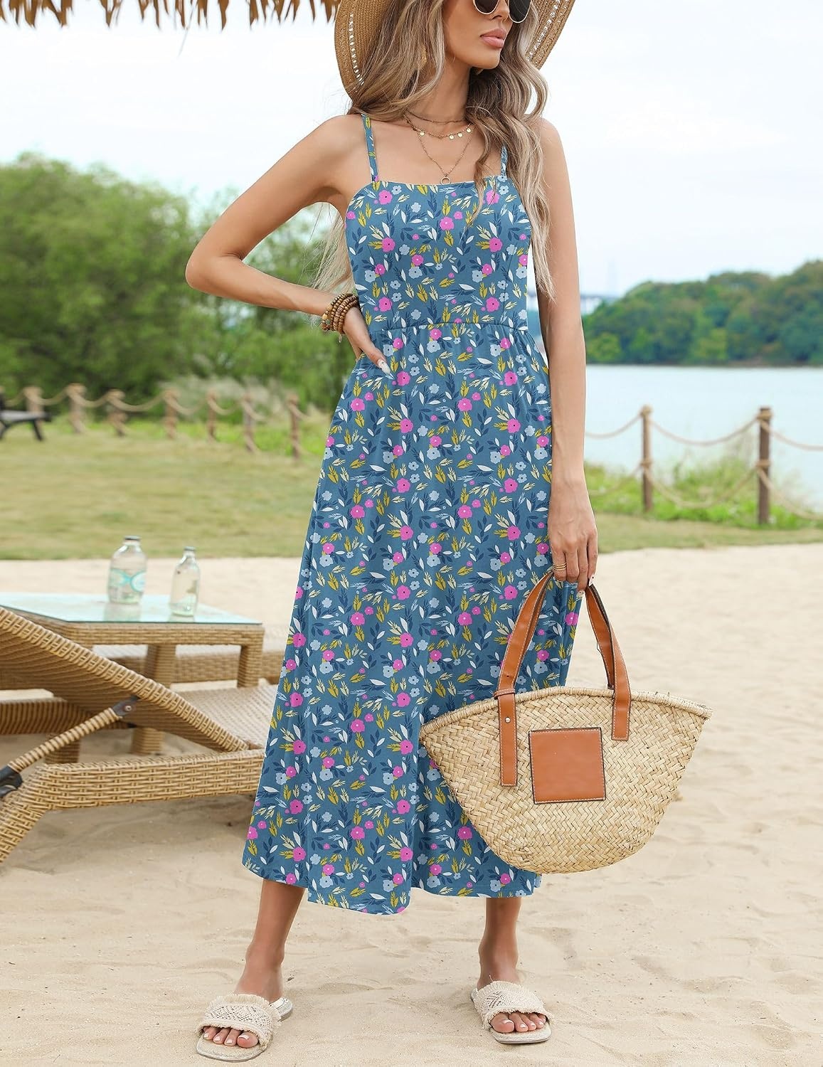 image:imageZeagoo Womens Summer Casual Boho Sundress Spaghetti Strap Square Neck Flowy Midi Dresses A Line Beach Dress with PocketsXh444